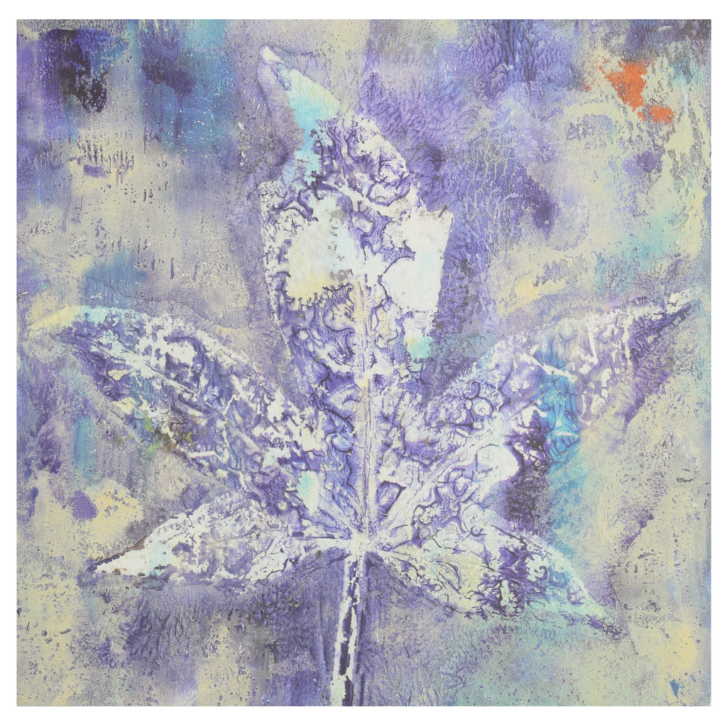 Art postcard with an elegant maple leaf monoprint on a textured background.  Blue, violet and white colours with red accent.