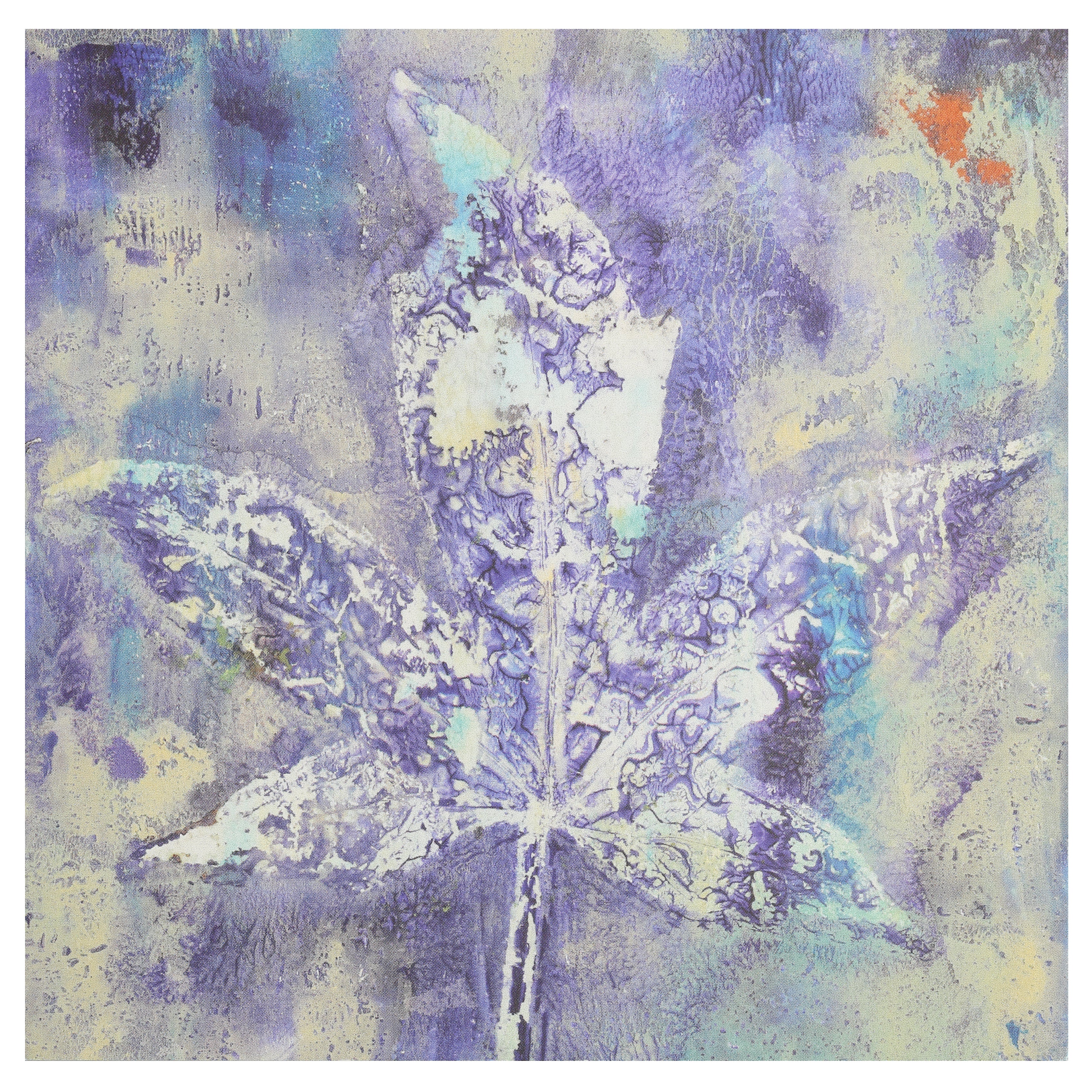 Art postcard with an elegant maple leaf monoprint on a textured background.  Blue, violet and white colours with red accent.