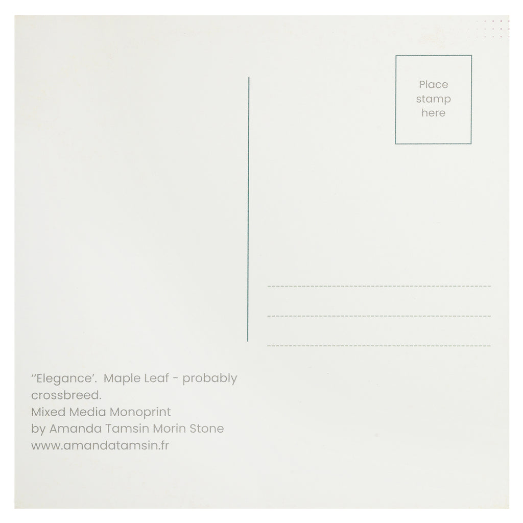 Reverse of a square art postcard with details of artist and artwork, place for address and stamp.