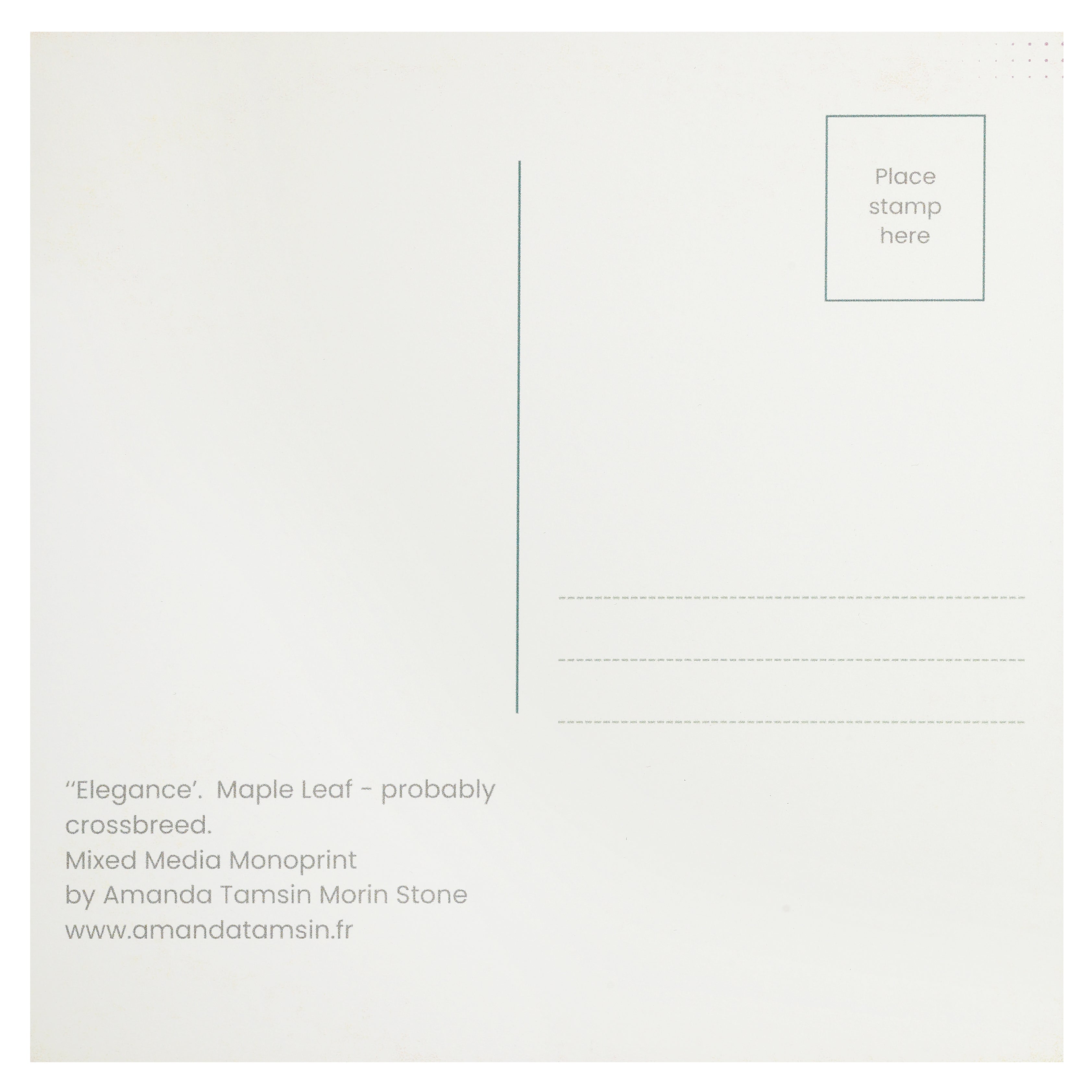 Reverse of a square art postcard with details of artist and artwork, place for address and stamp.