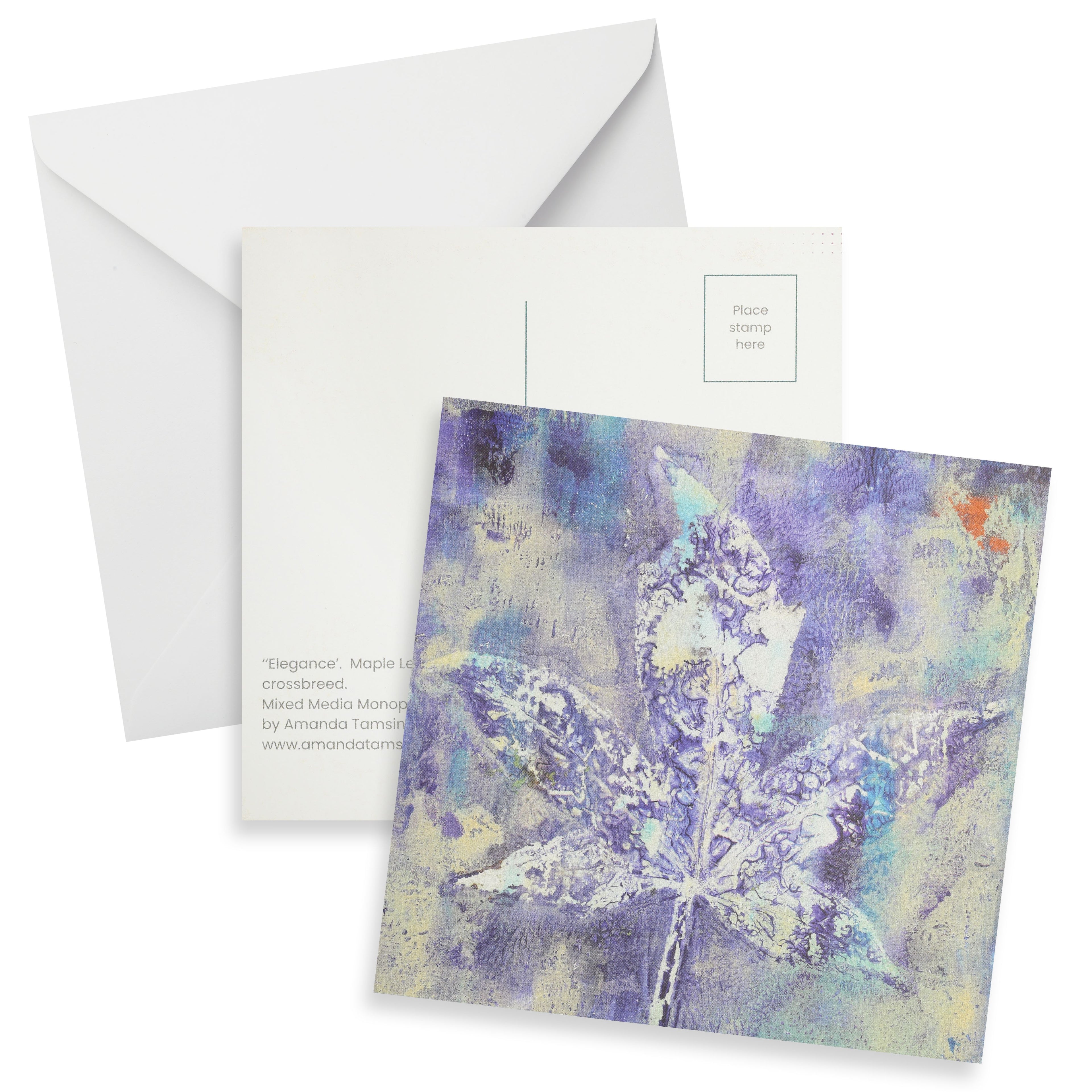 Art Postcard with elegant maple leaf print.  Reverse of postcard and white envelope.