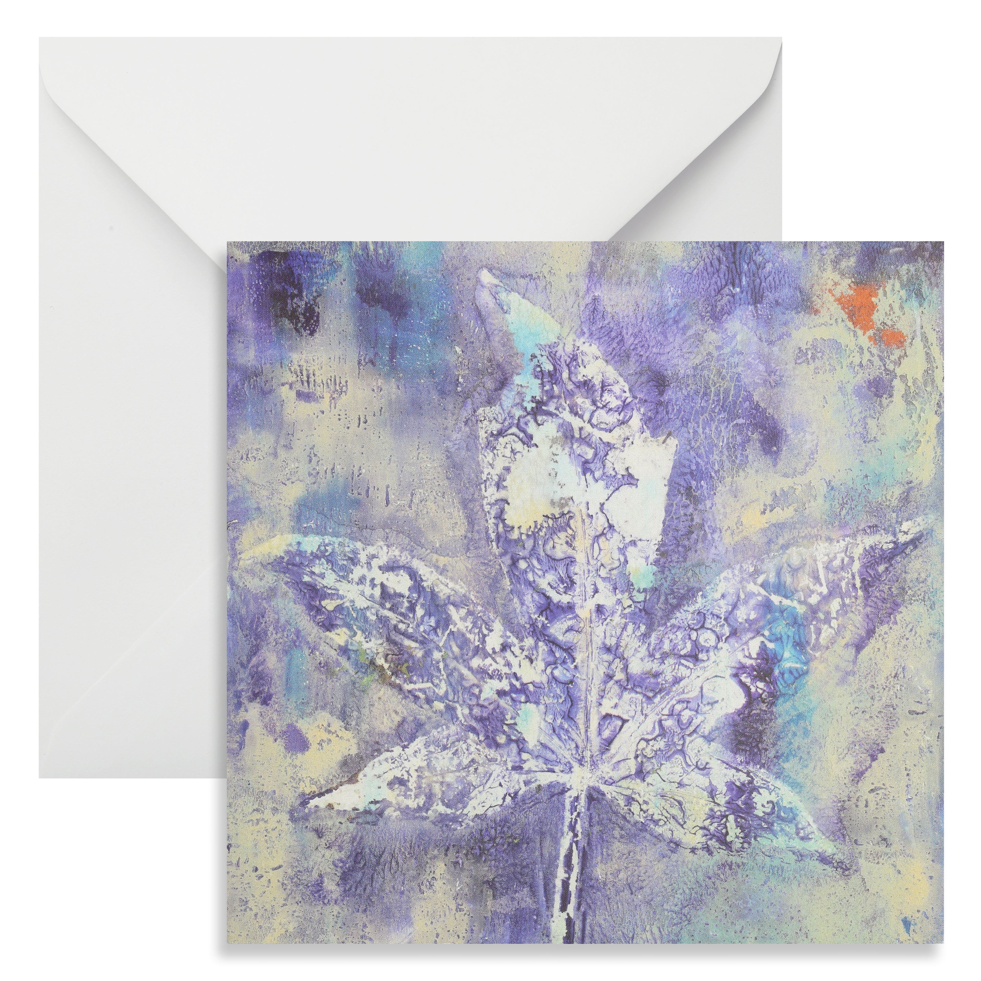 Art postcard with an elegant maple leaf monoprint on a colourful abstract background, accompanied by a white envelope.