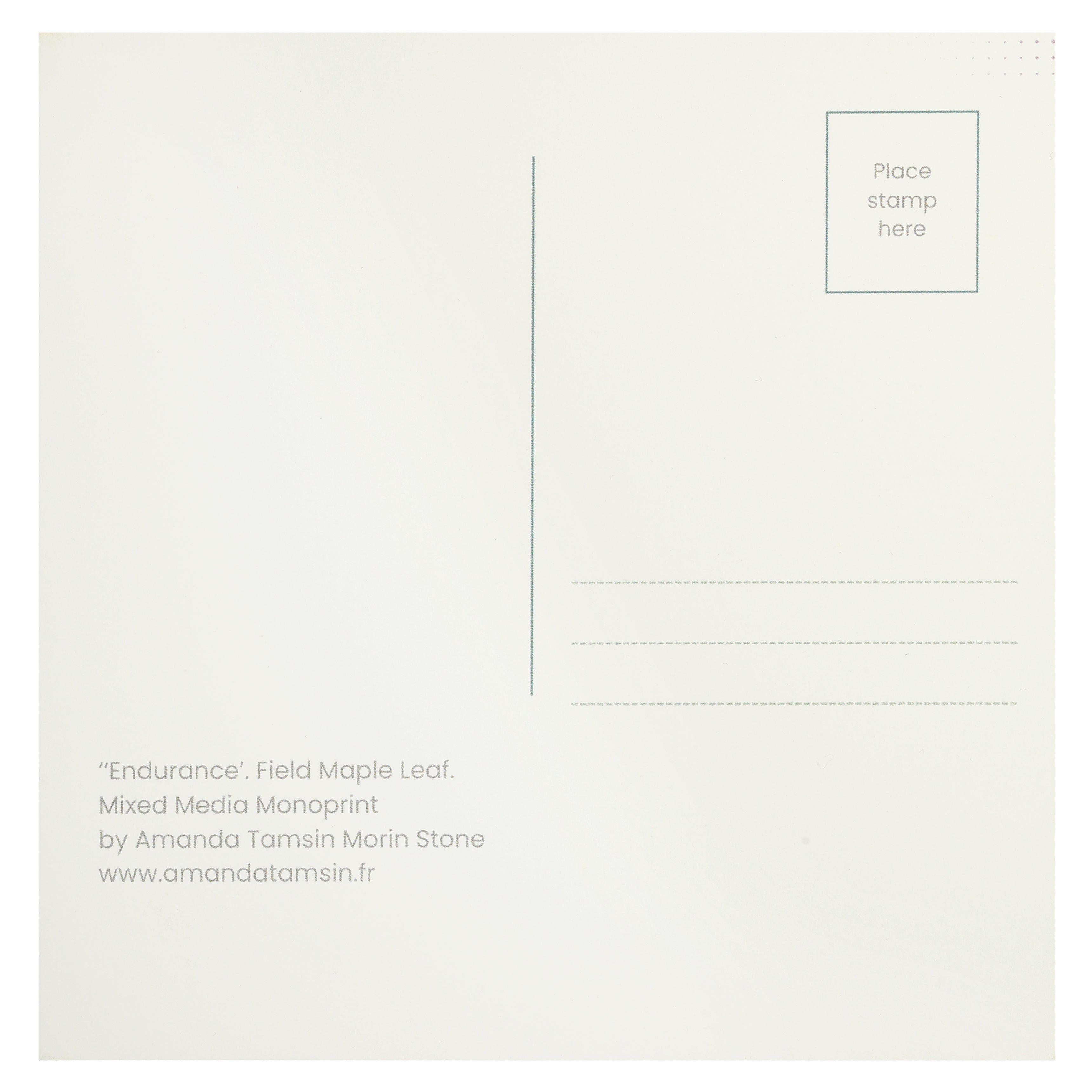 Reverse of a square art postcard with details of artist and artwork, place for address and stamp.