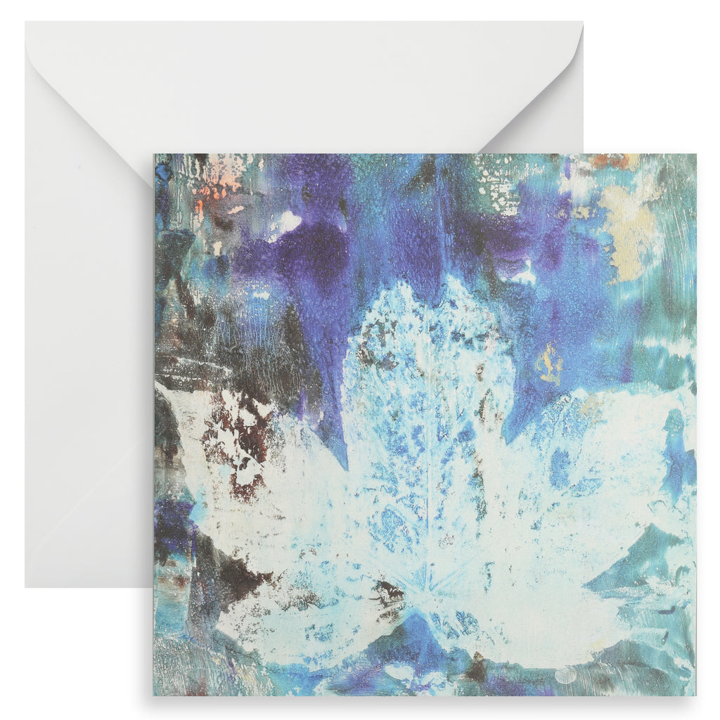 Art postcard with field maple leaf monoprint and envelope on a white background