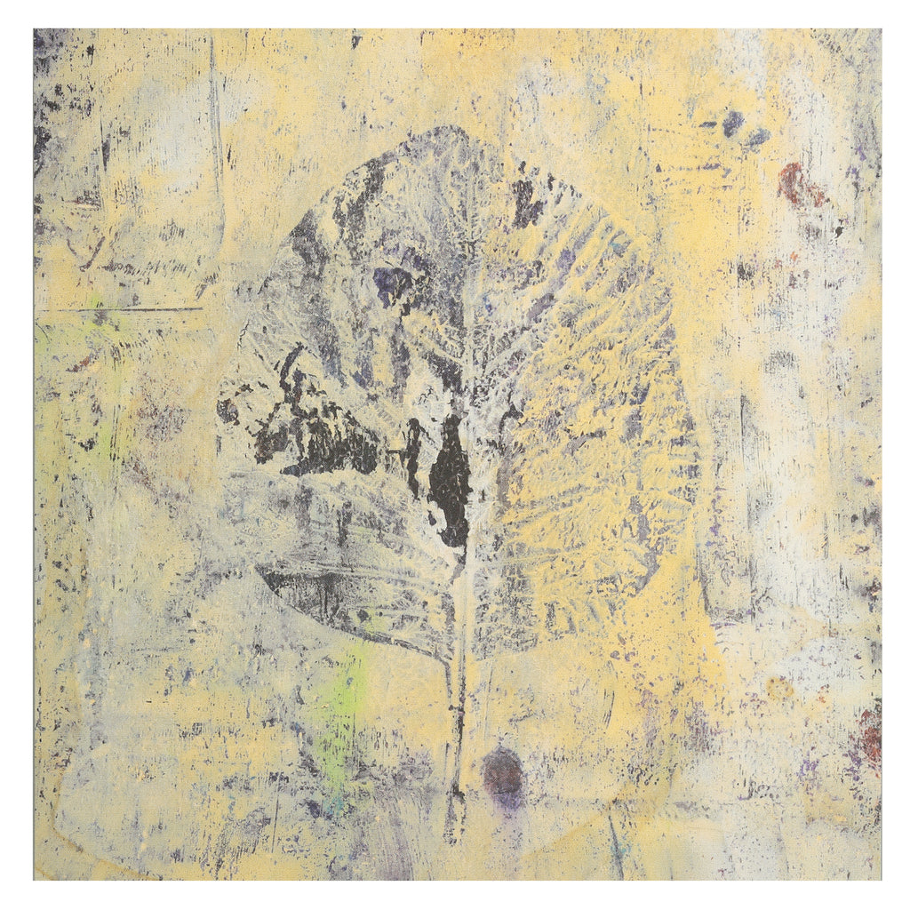 Art postcard with with a prominent leaf shape on a textured background.  In warm yellow, cream and indigo tones with fresh green accent.