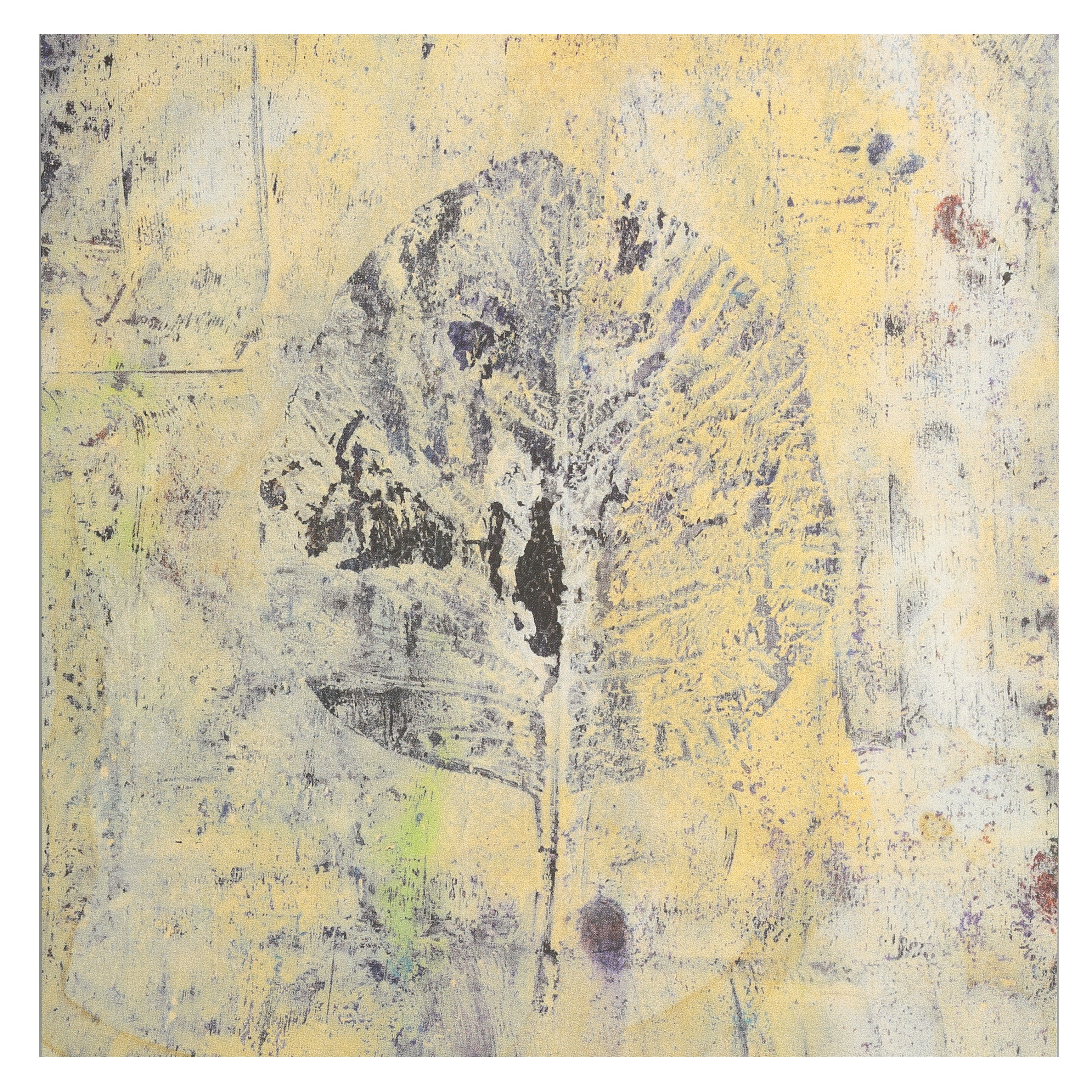 Art postcard with with a prominent leaf shape on a textured background.  In warm yellow, cream and indigo tones with fresh green accent.