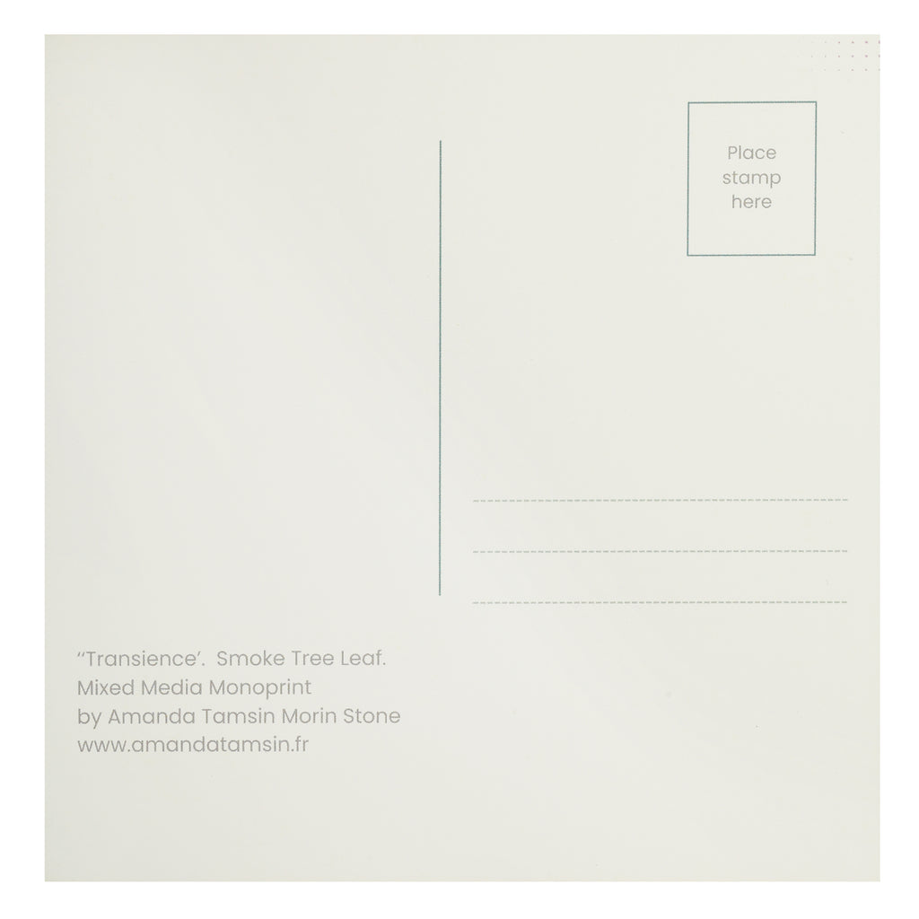 Reverse of a square art postcard with details of artist and artwork, place for address and stamp.