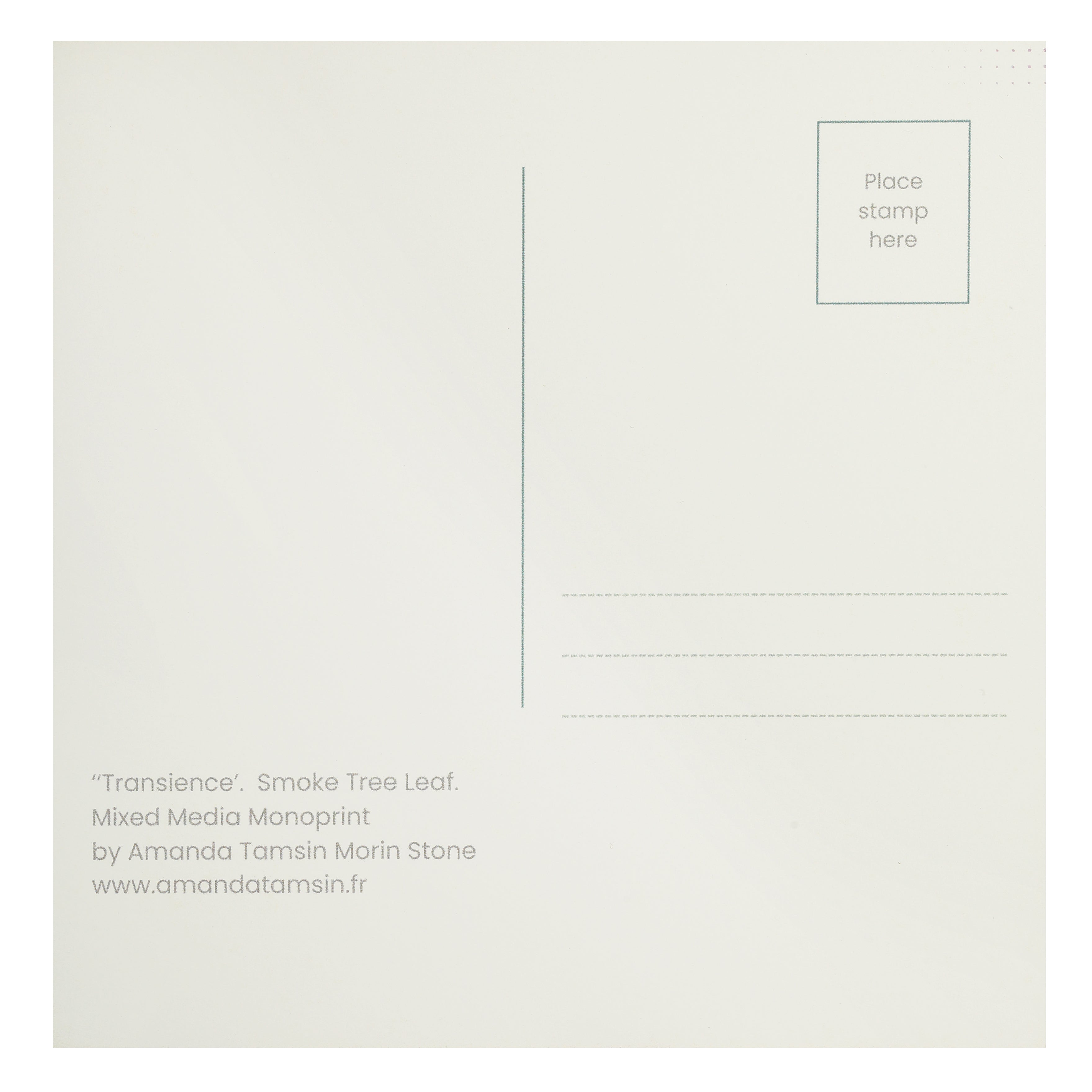 Reverse of a square art postcard with details of artist and artwork, place for address and stamp.