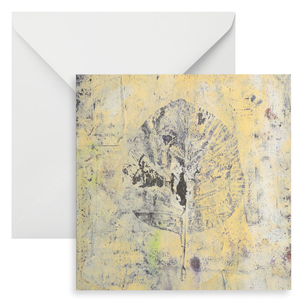 Art postcard in warm cream, yellow and indigo tones.  Has a Smoke Tree leaf monoprint and a white envelope.