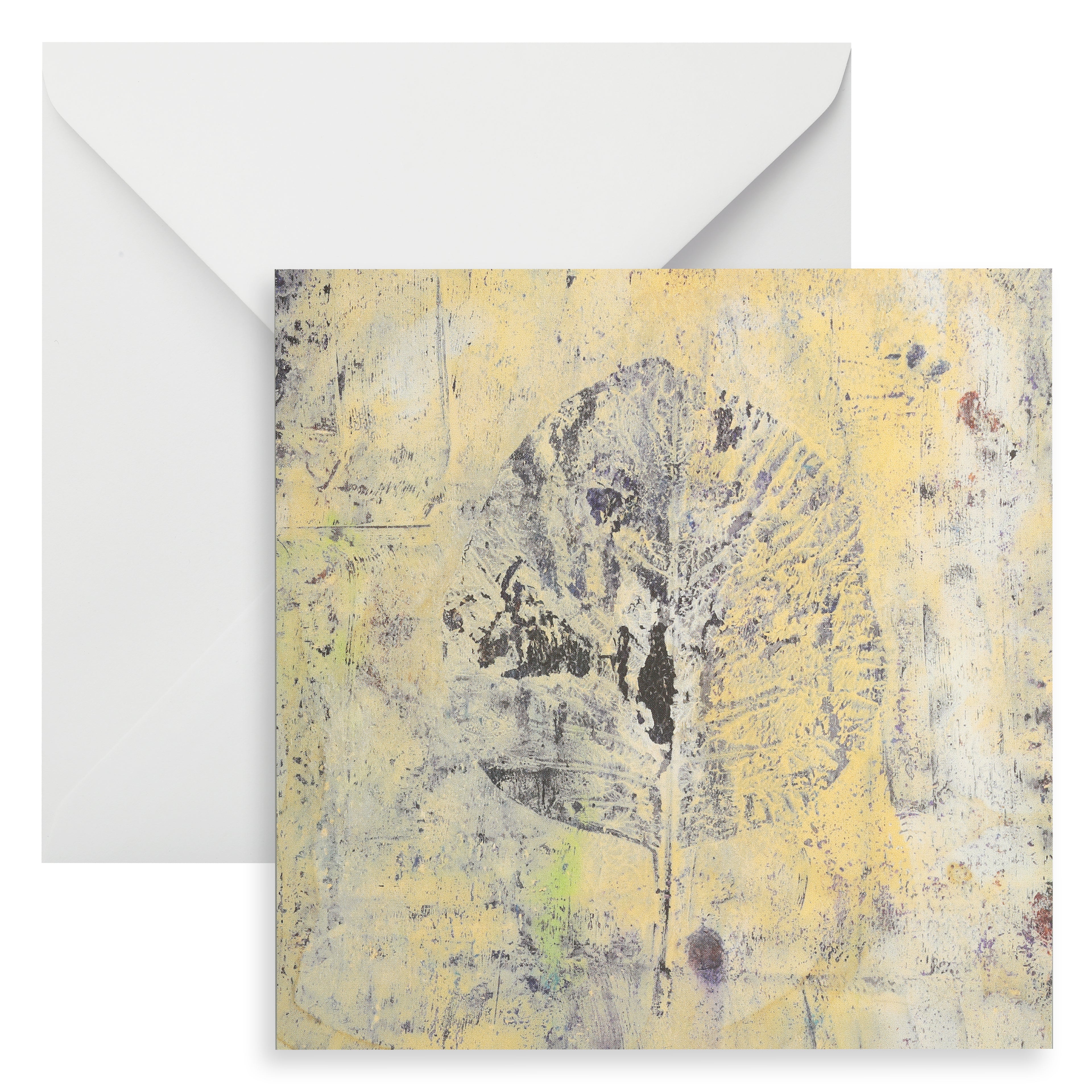 Art postcard in warm cream, yellow and indigo tones.  Has a Smoke Tree leaf monoprint and a white envelope.