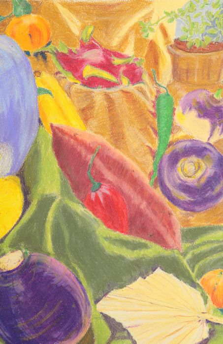 Colorful artist's greetings card with crayon drawing of various fruits and vegetables with a basket in the background.