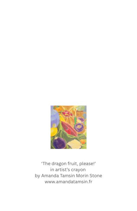 Greeting card back with colorful dragon fruit illustration with text overlay on a white background