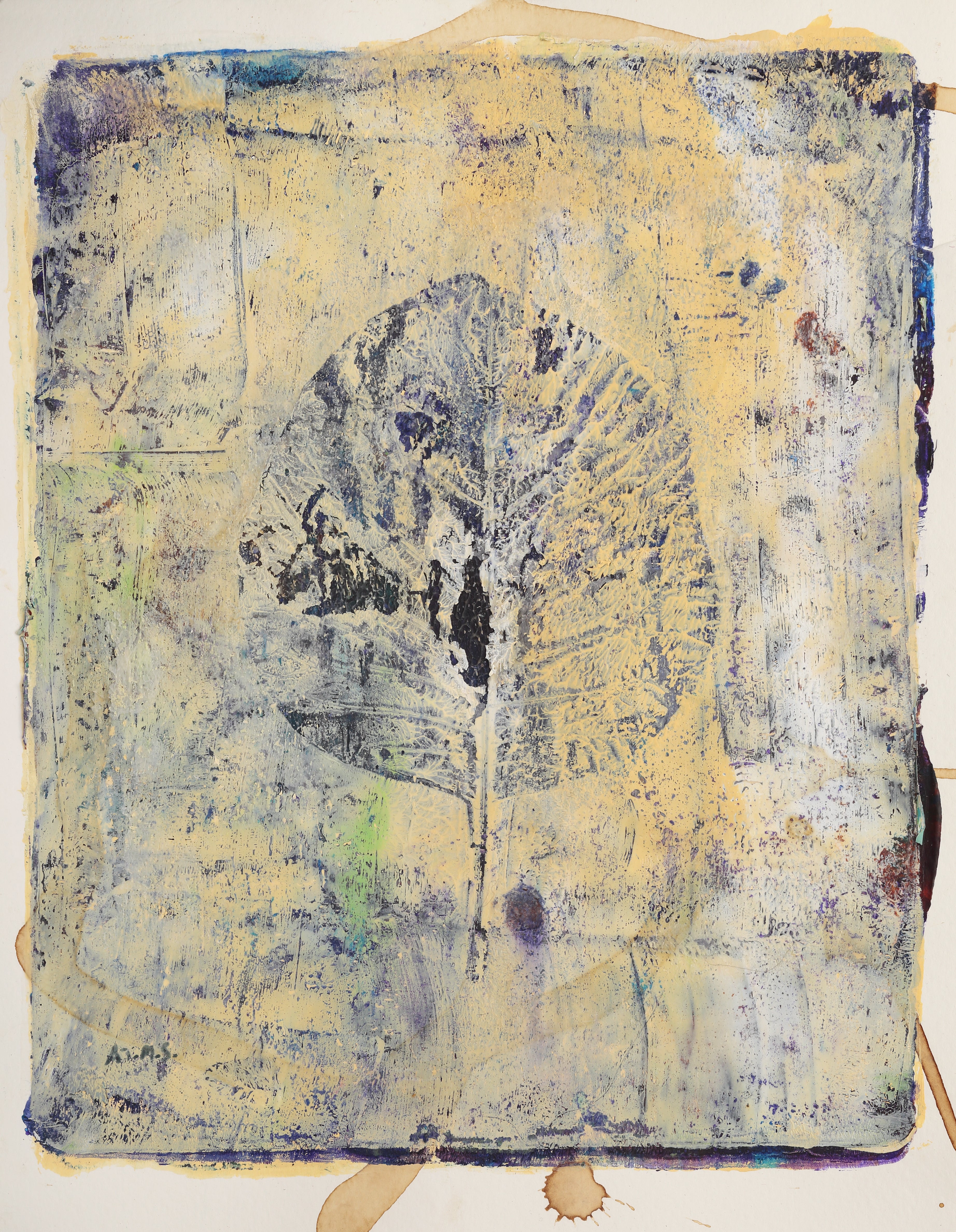 Original Mixed Media Monoprint depicting a round leaf.  Colours are warm whites, indigo, blues and violets, plus a touch of fresh green.