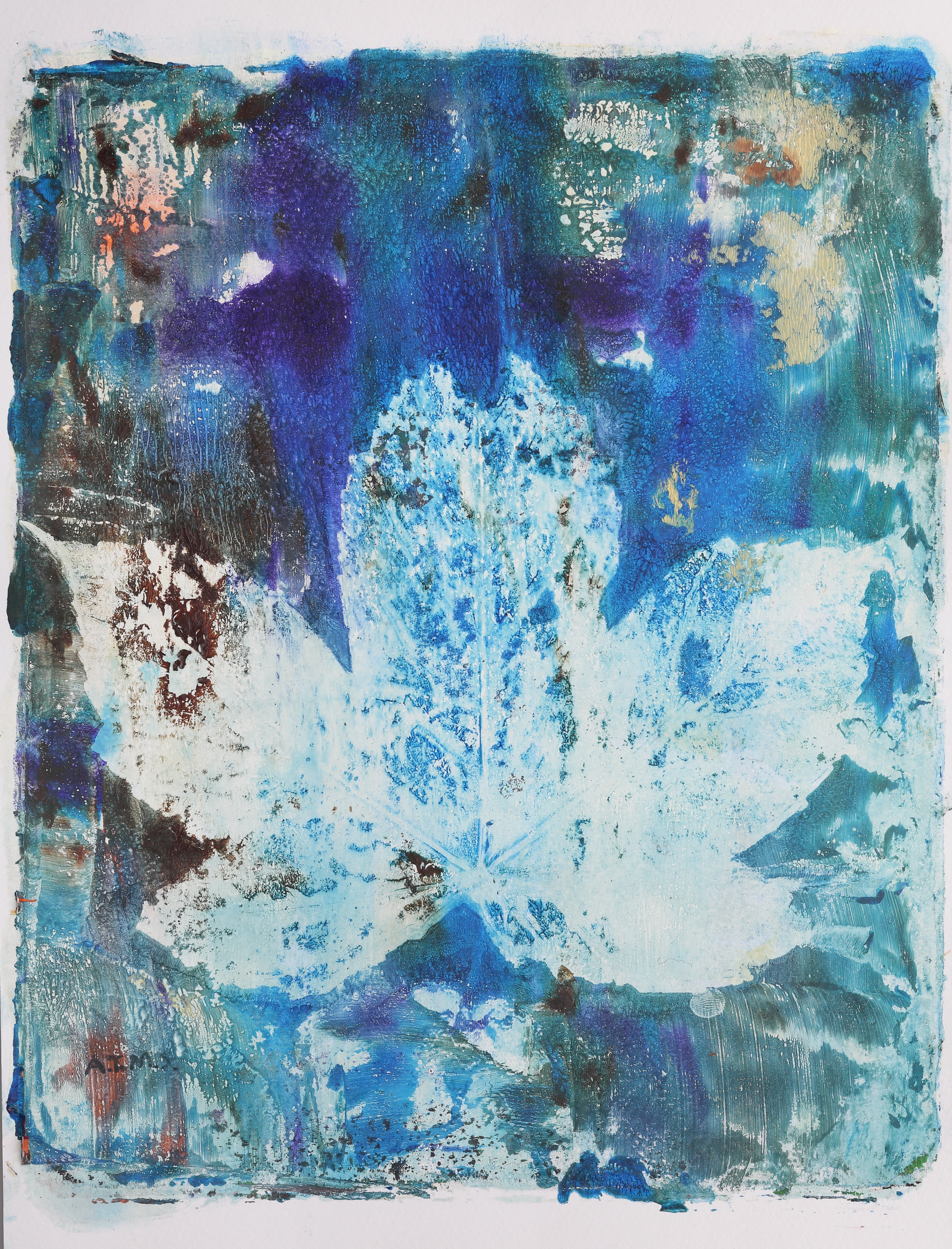 Original Monoprint with Maple Leaf, in blue, white and earth colours.