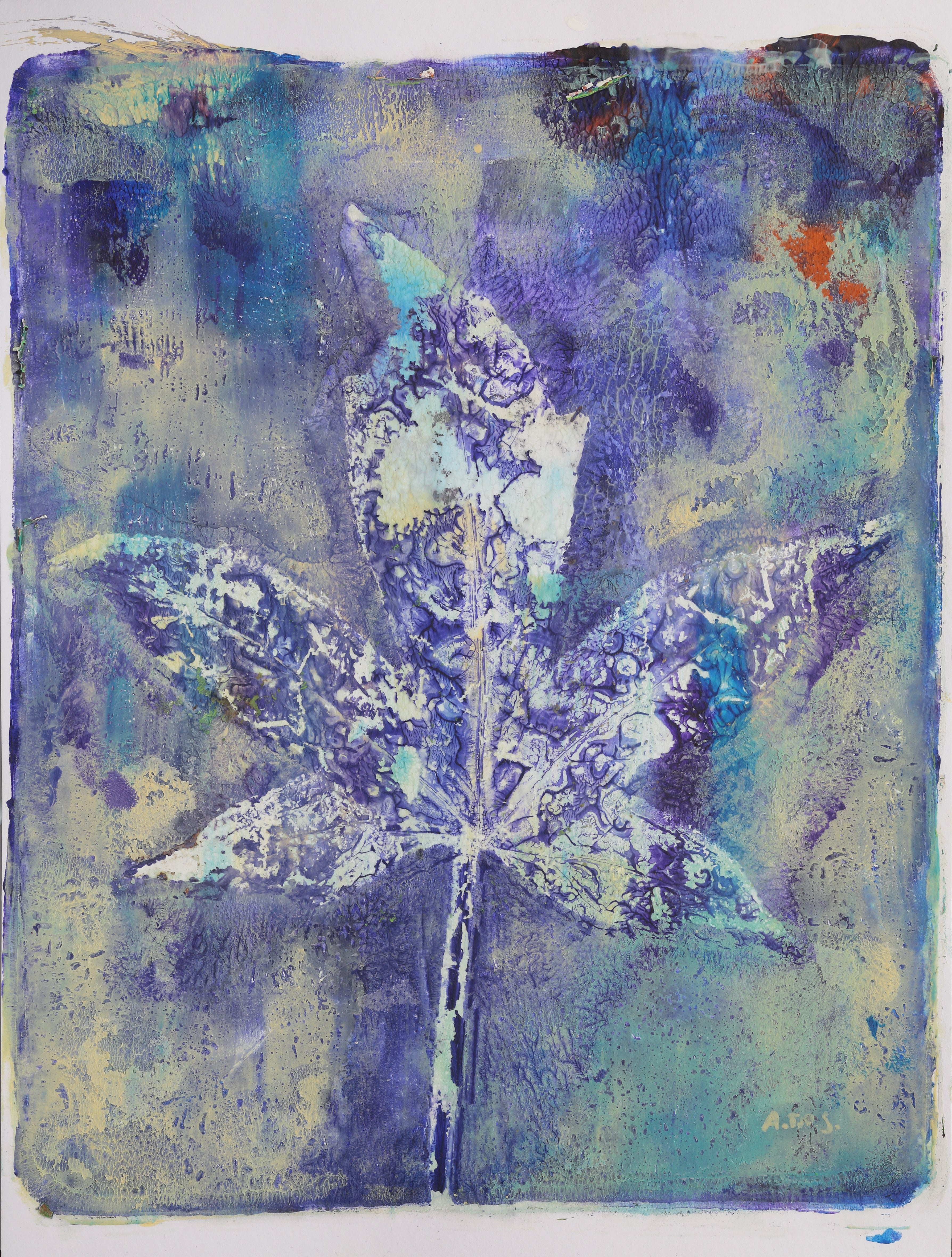 Original Mixed Media Monoprint of a Maple Leaf.  In blues, warm whites, earth colours and a touch of red.