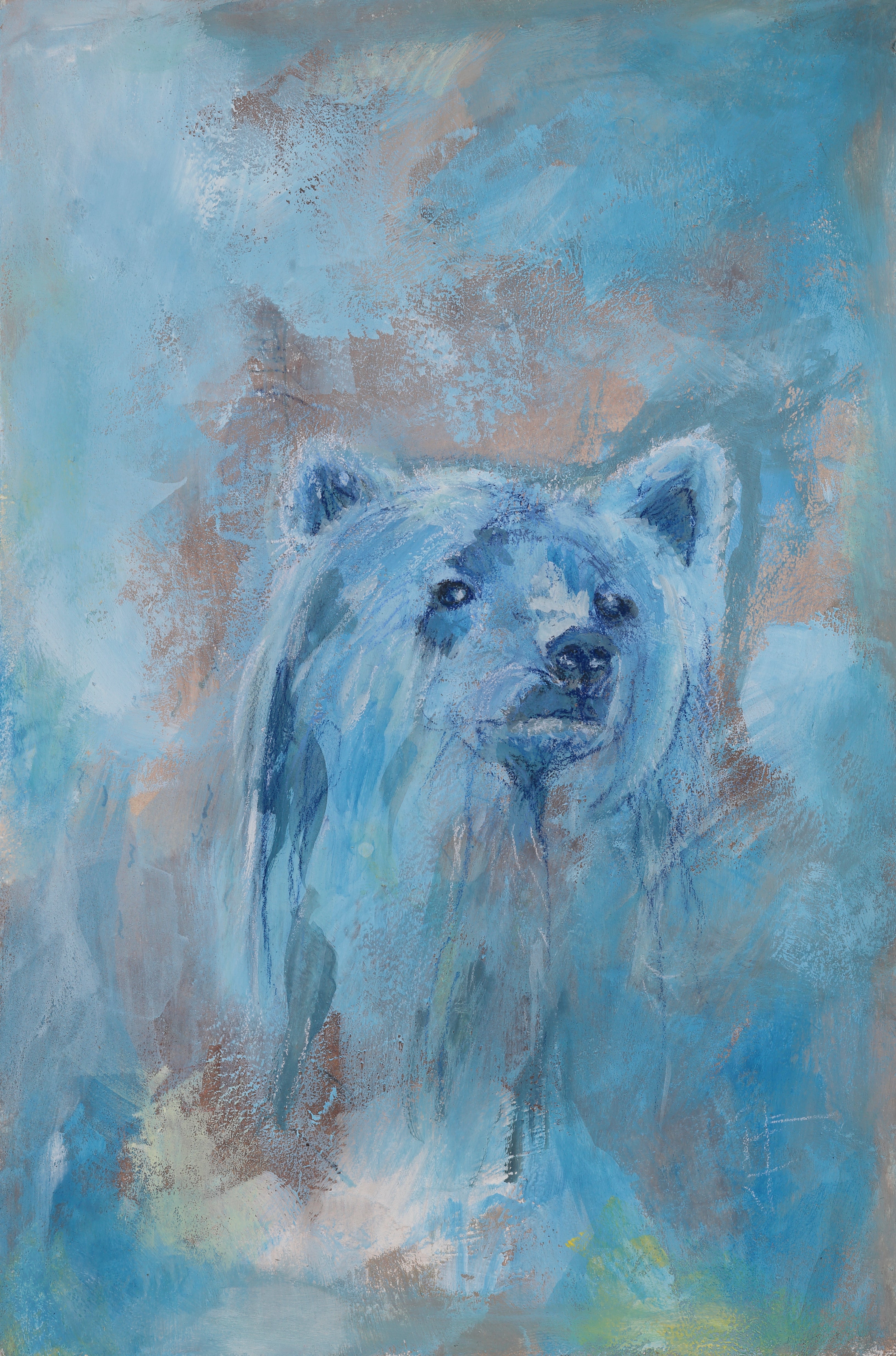 Painting of a bear's face with a textured blue and brown background