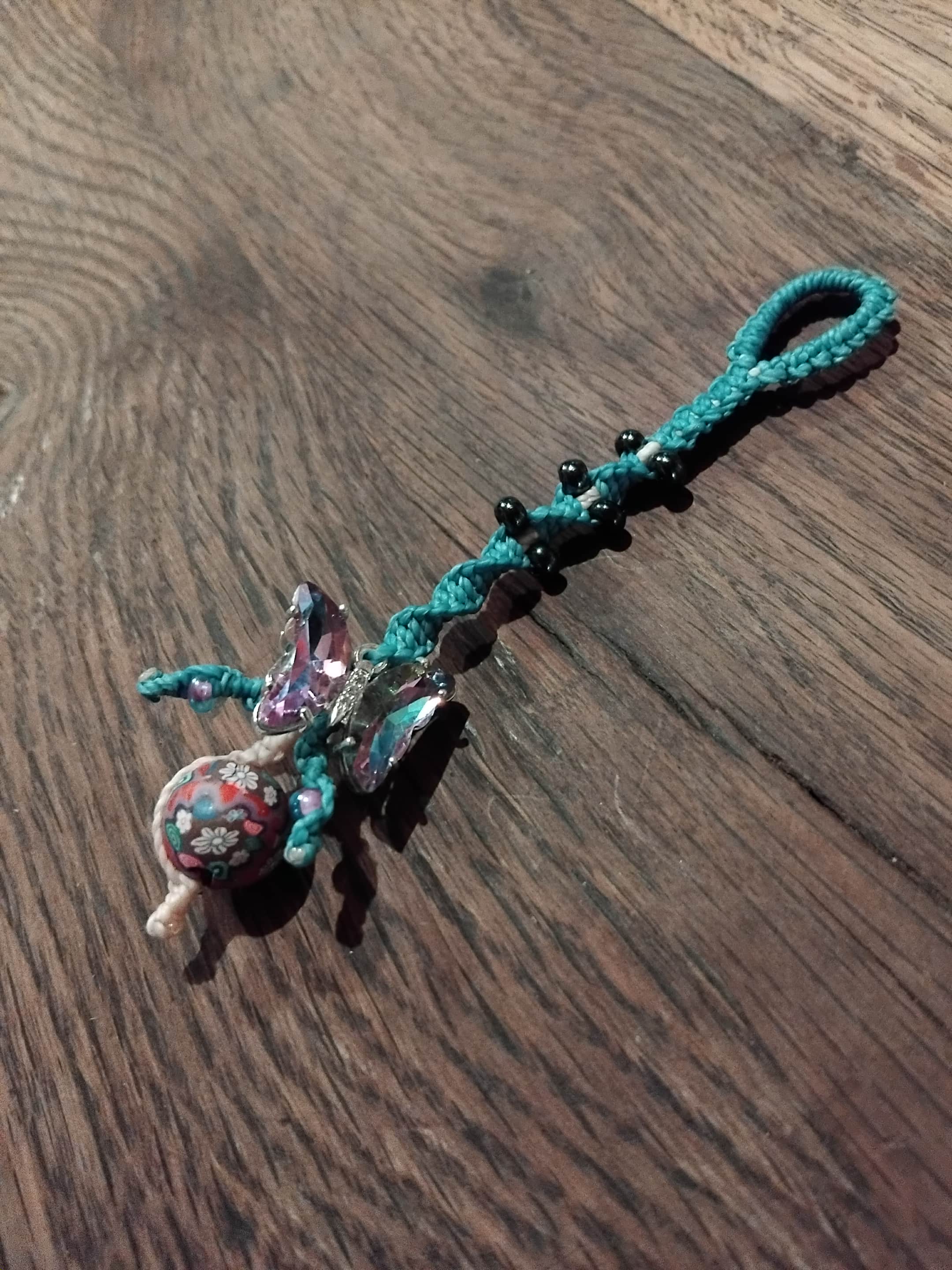 Macrame Assemblage Charm with Iridescent Pink/Green Butterfly