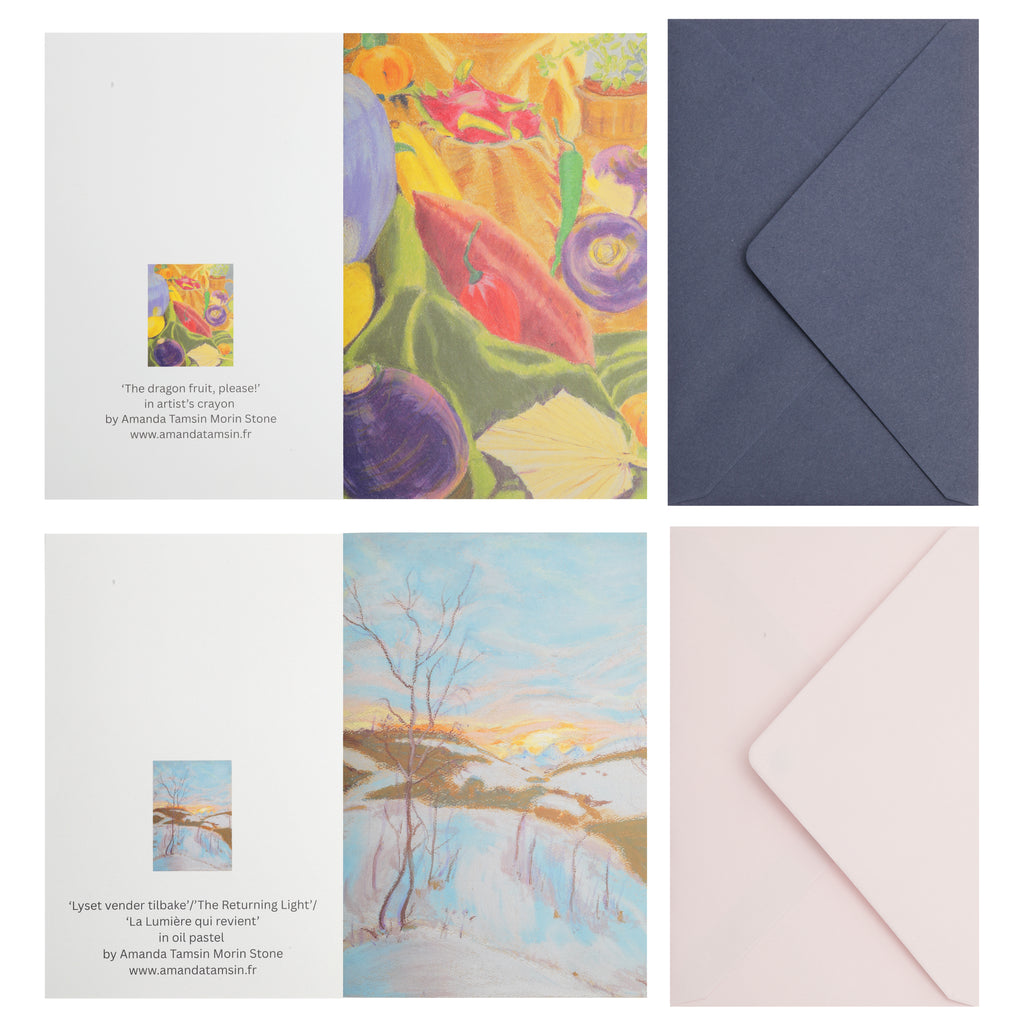 Two art greetings cards.  One with a still life with fruit in vibrant colours, along with dark blue envelope.  The other of a winter snow scene in muted colours and pastels with pale pink envelope.