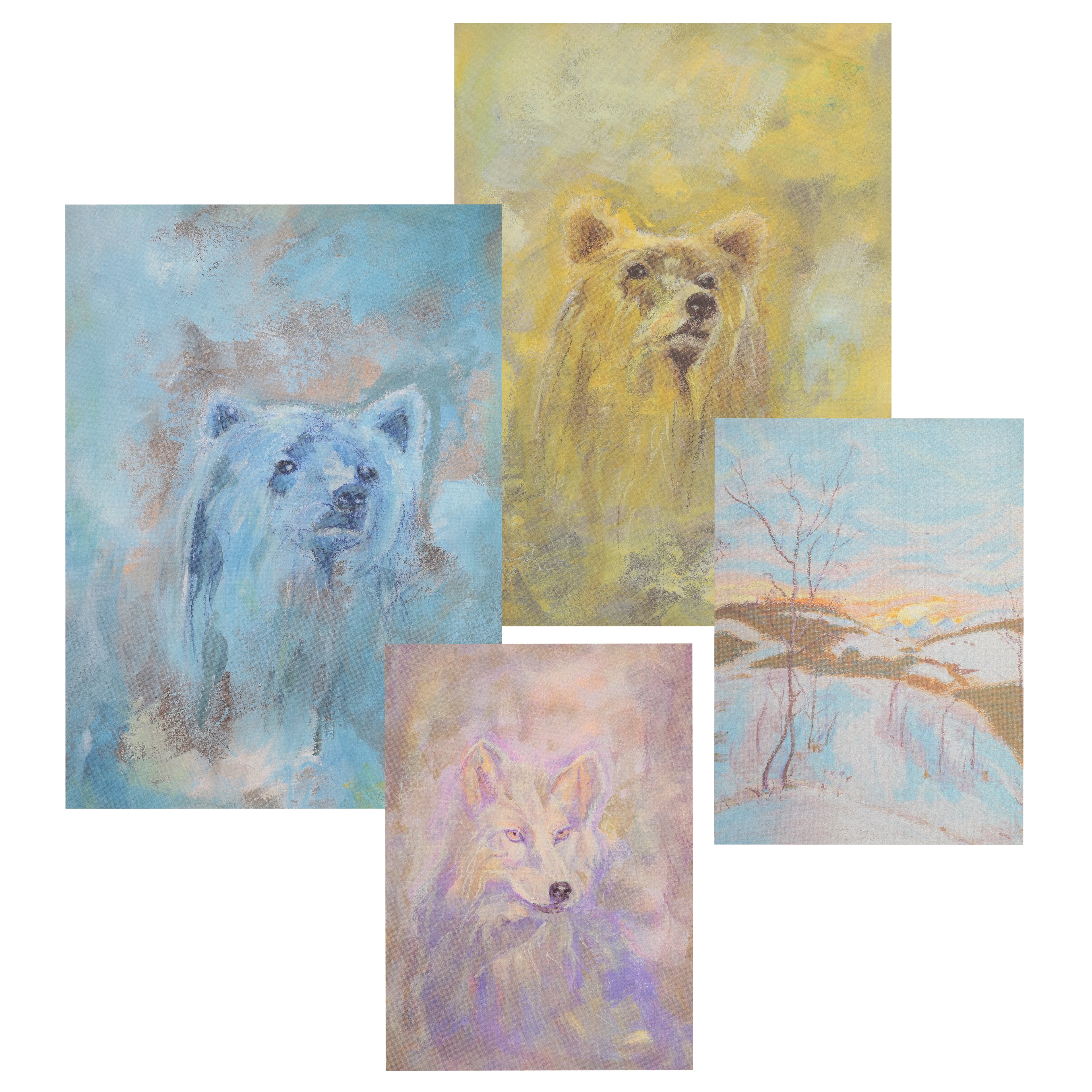 Set of Art Postcards with Blue Bear, Yellow Bear, Mauve Wolf and Snow Scene.