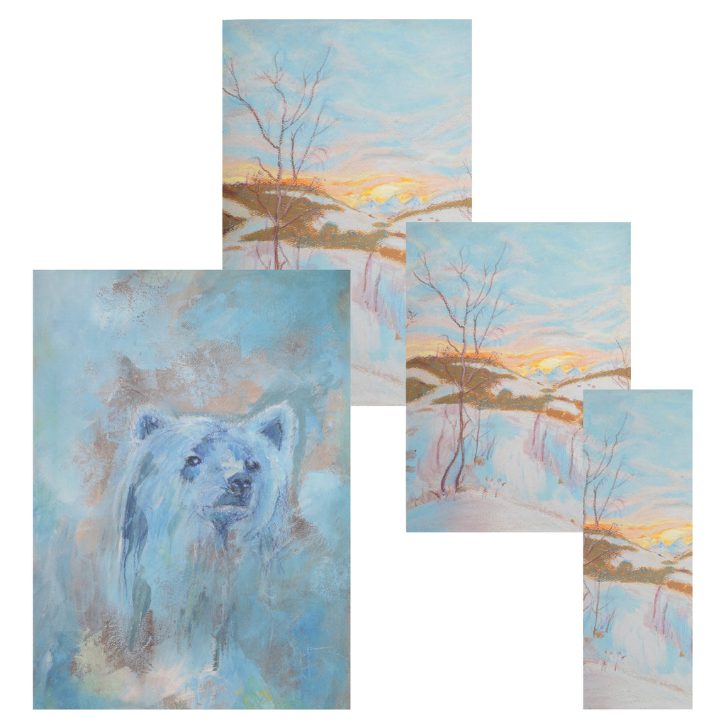 Bundle of art postcards, greetings card and bookmark in muted, wintry colours.   Includes a bear and a snow scene.