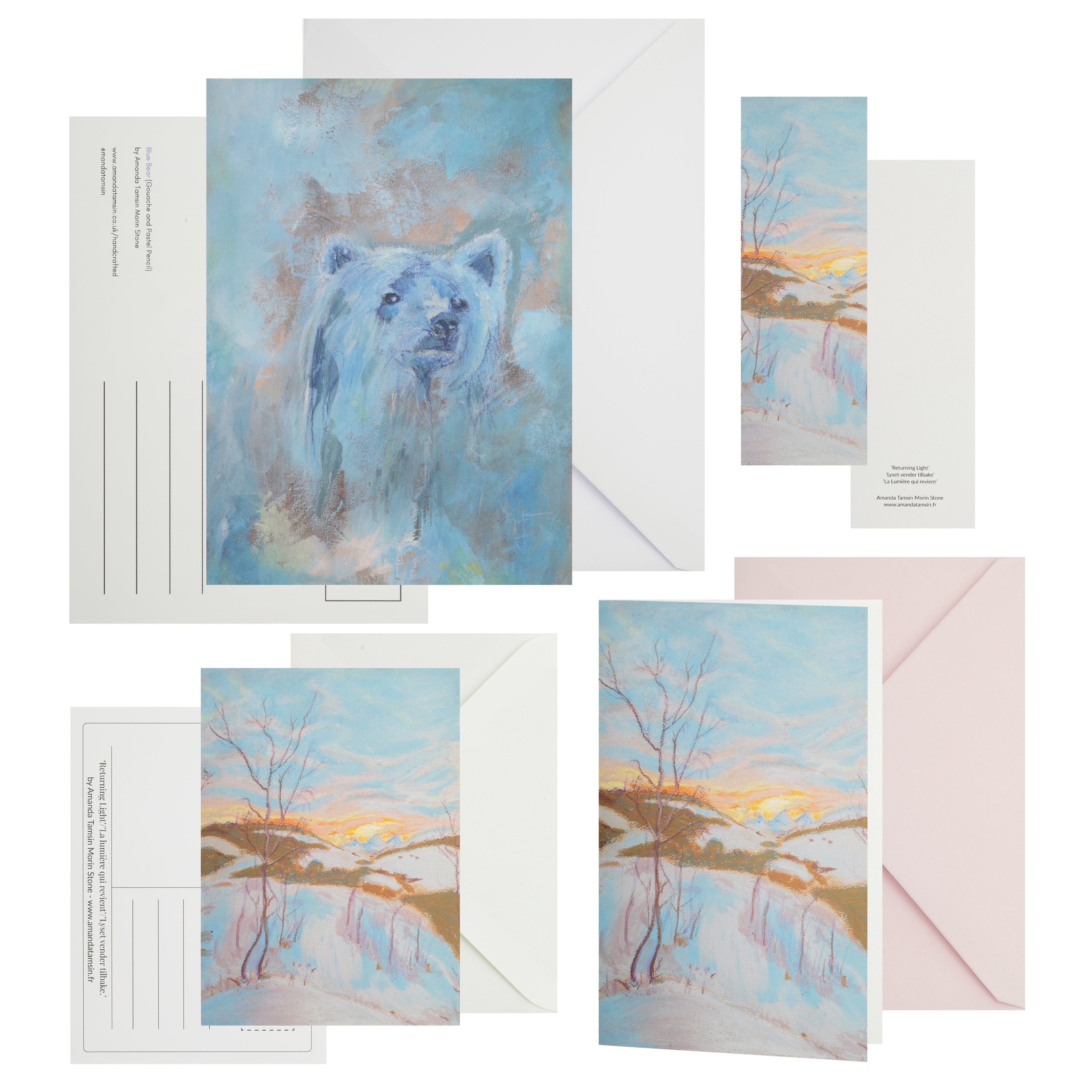 Bundle of art postcards, greetings card and bookmark in muted, wintry colours.   Includes a bear and a snow scene.