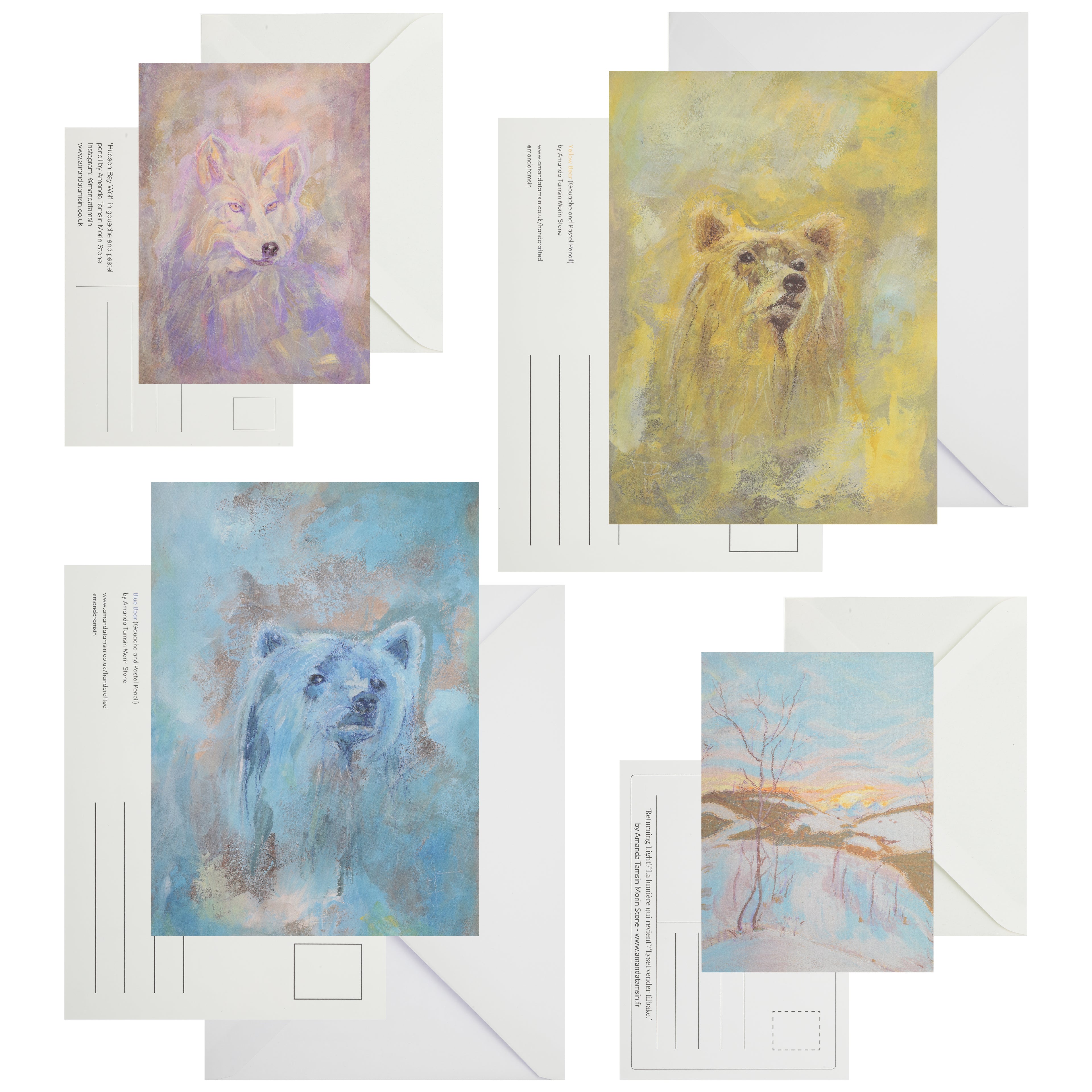 Set of Art Postcards with Blue Bear, Yellow Bear, Mauve Wolf and Snow Scene.