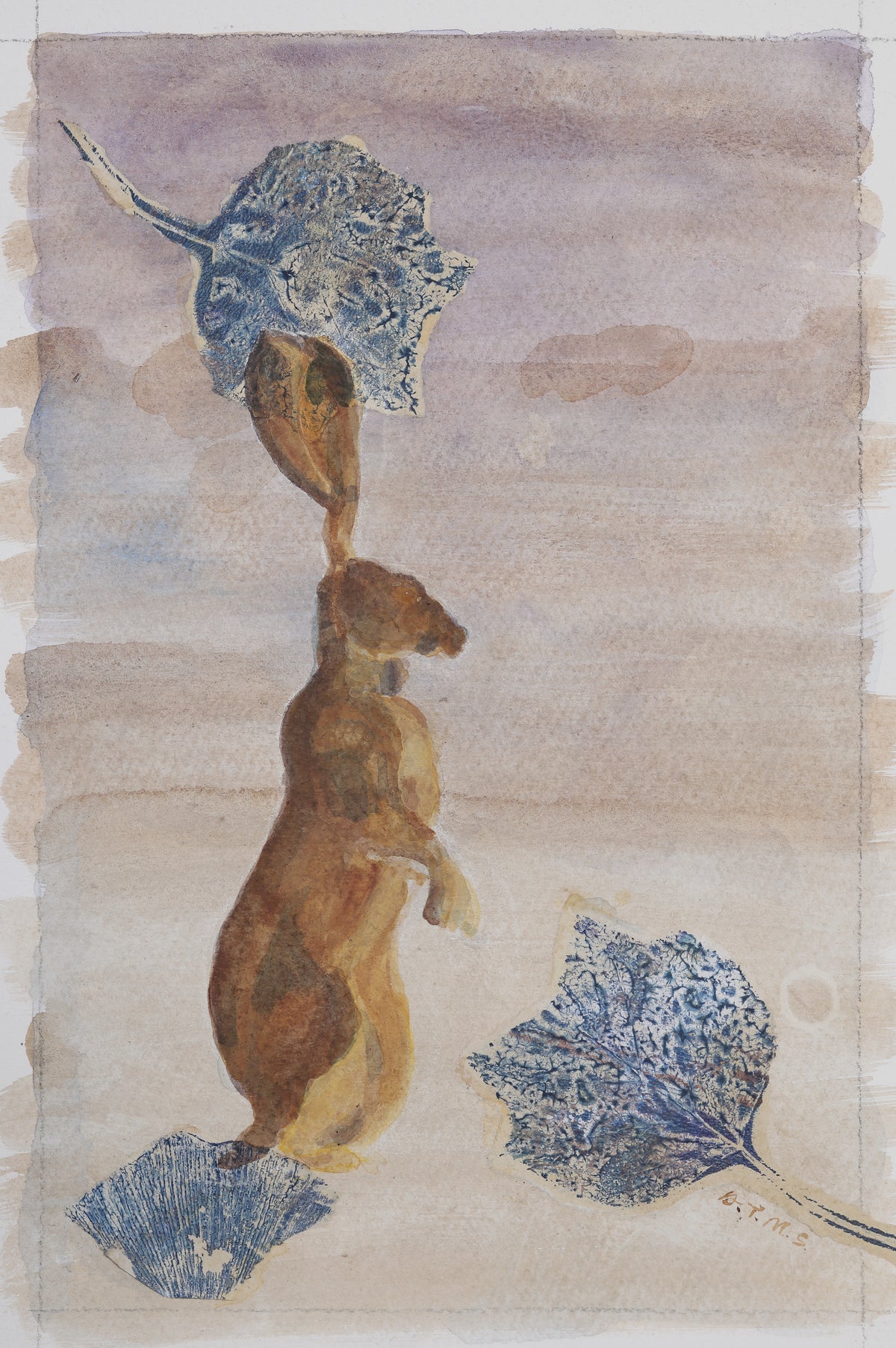 A mixed media artwork depicting a small brown hare standing on its hind legs, with collaged leaf print elements.  The background is in soft tones of beige and light indigo-blue.