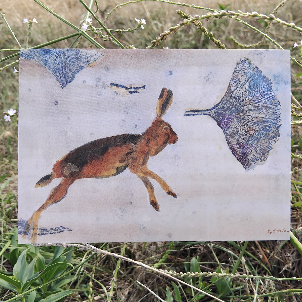 An art postcard featuring a hare and ginkgo leaves.  Placed amongst wild flowers.