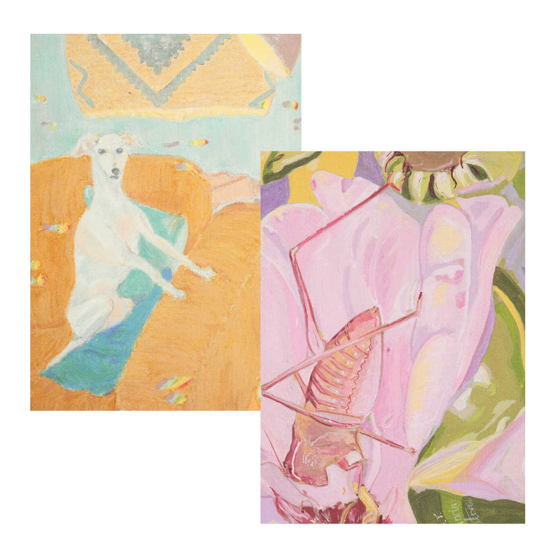 Two art postcards.  One with Italian Greyhound in armchair and geometric wall art.  The other with a pink grasshopper in a pink flower.