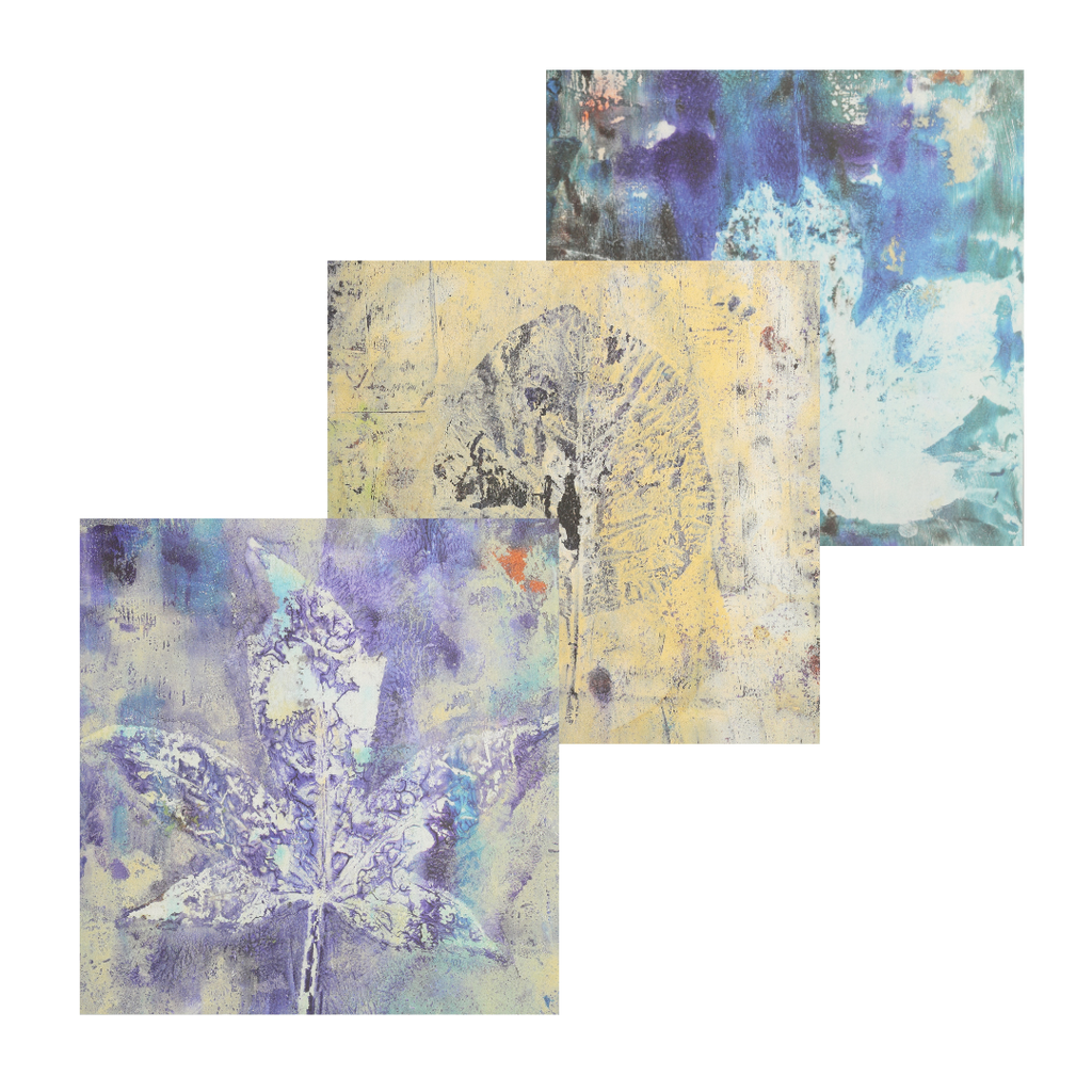 Set of three art postcards showing leaf monoprints with blue, purple, and yellow colours.