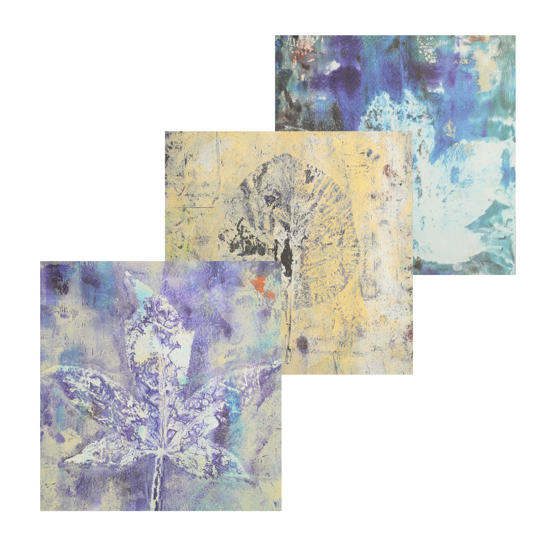Set of three art postcards showing leaf monoprints with blue, purple, and yellow colours.