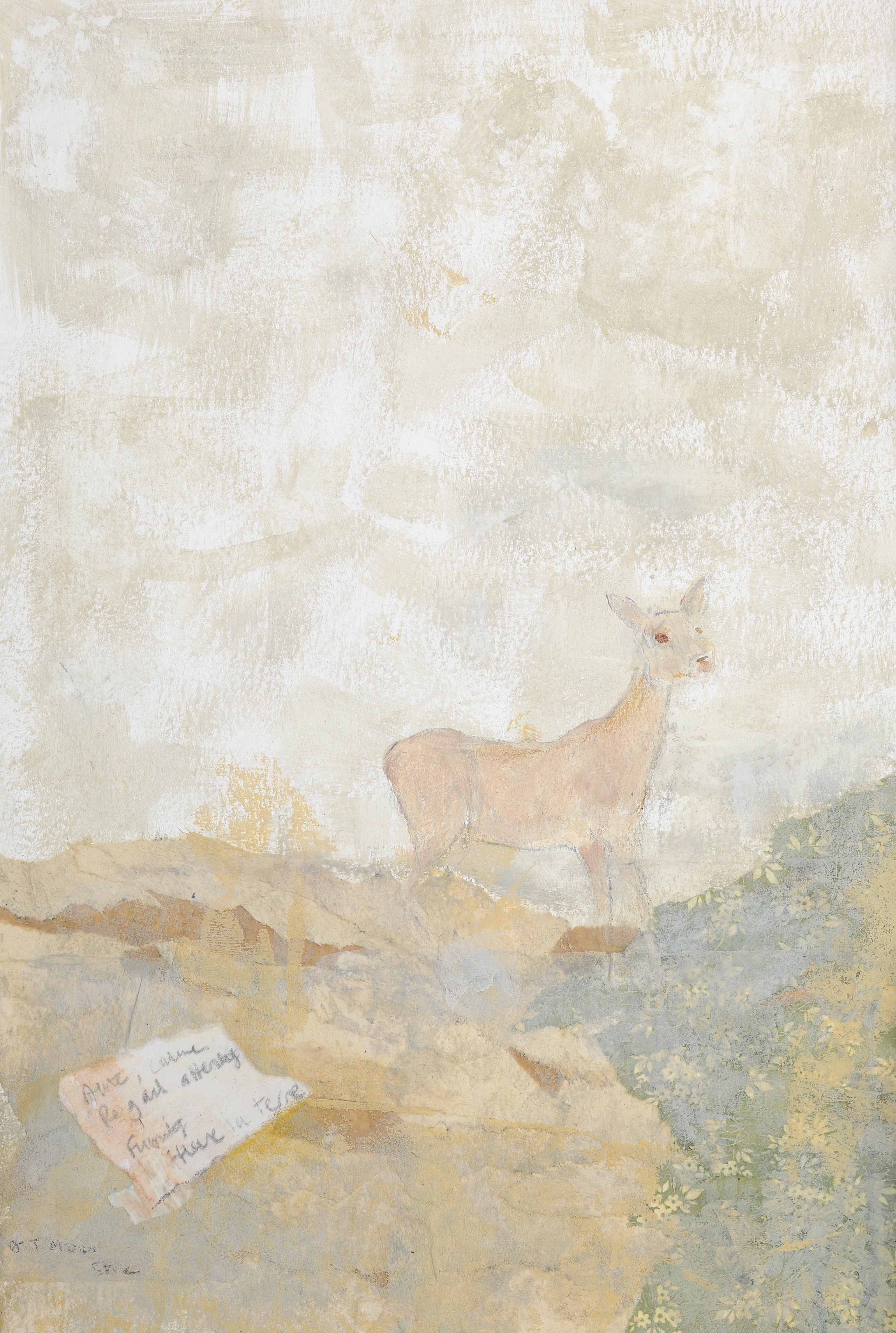 Mixed media painting with collage, featuring a landscape with a solitary roe deer.  Includes handwritten textual element.