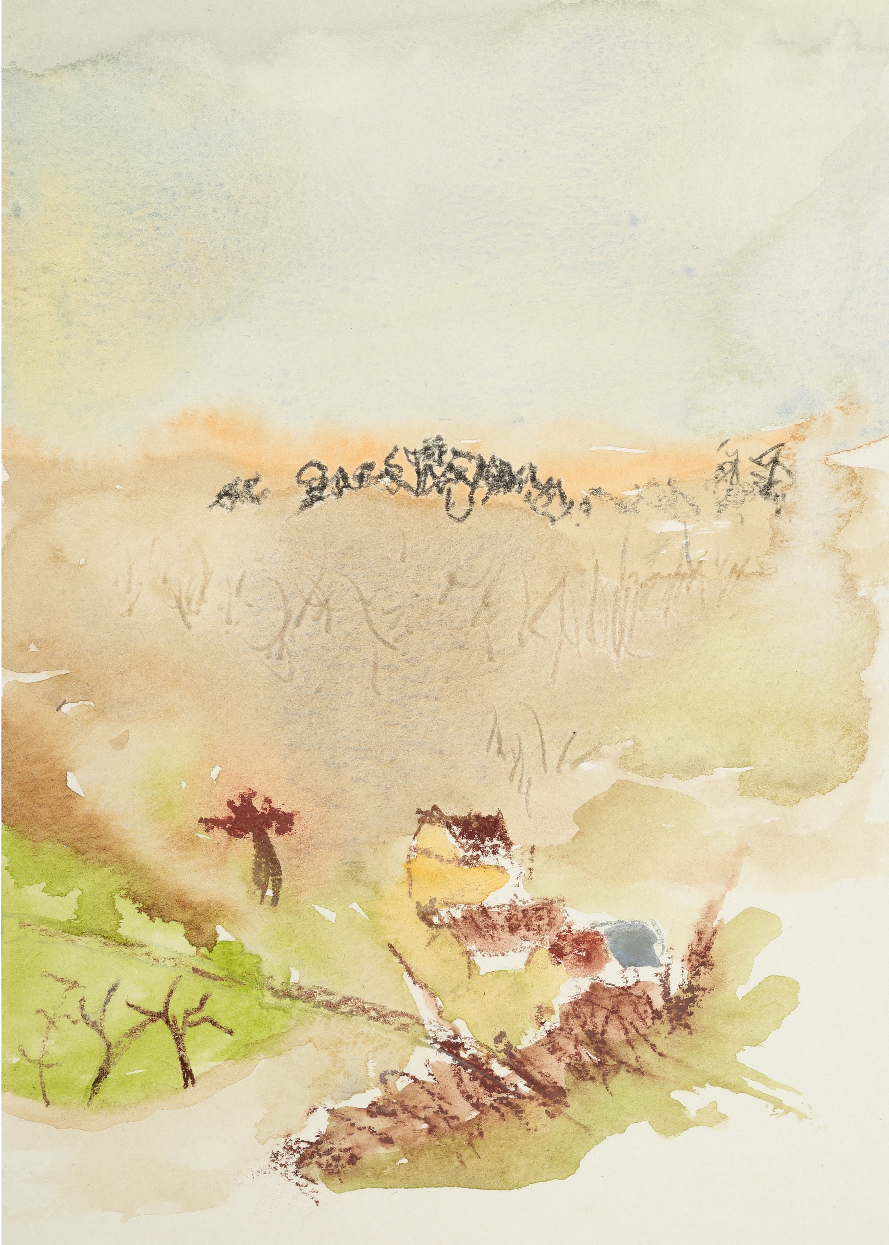 Watercolor landscape with trees and hills on a textured paper background