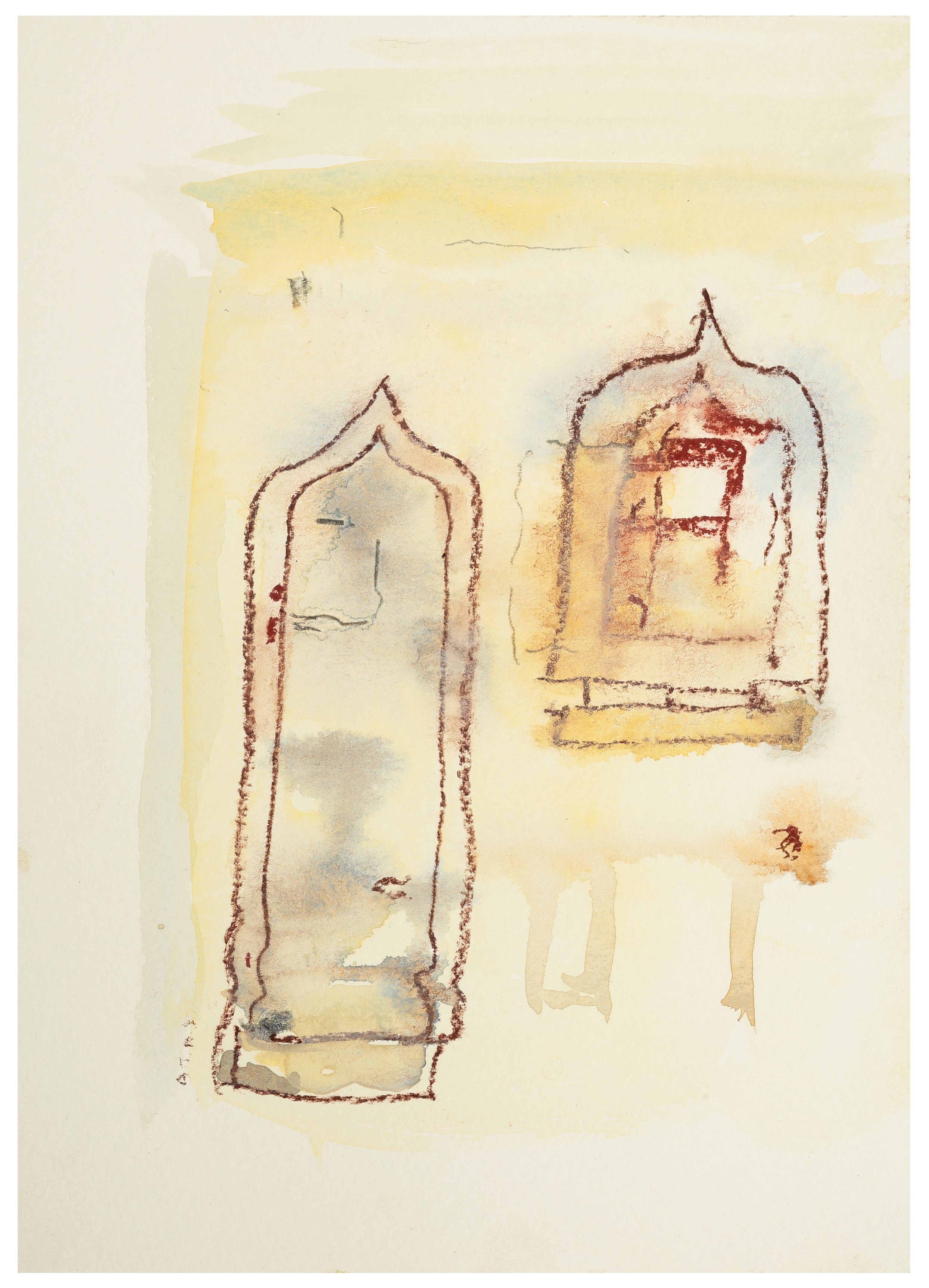 Watercolor painting of two architectural elements on a light background