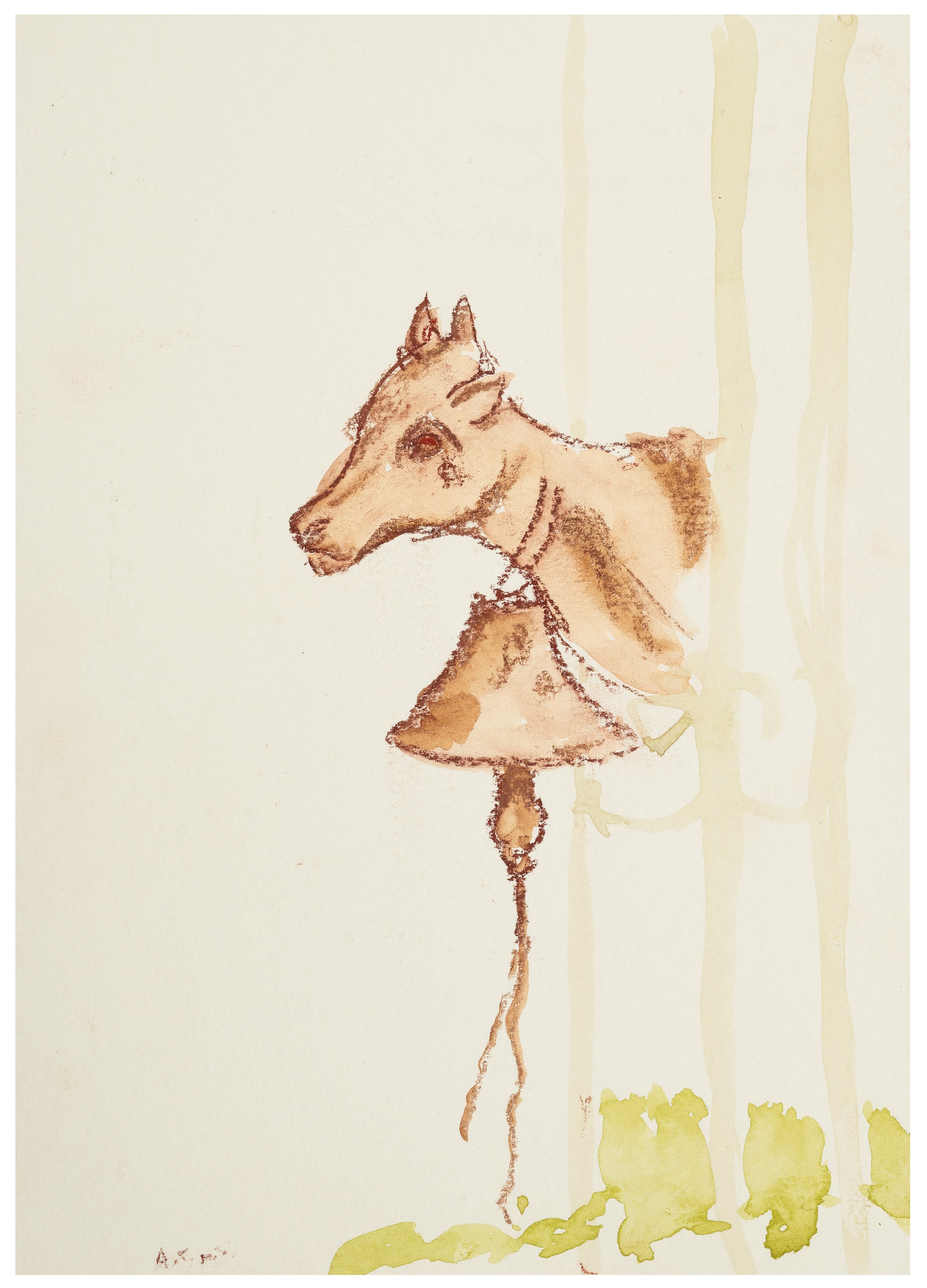 Illustration of a cow-shaped bell at a gateway.