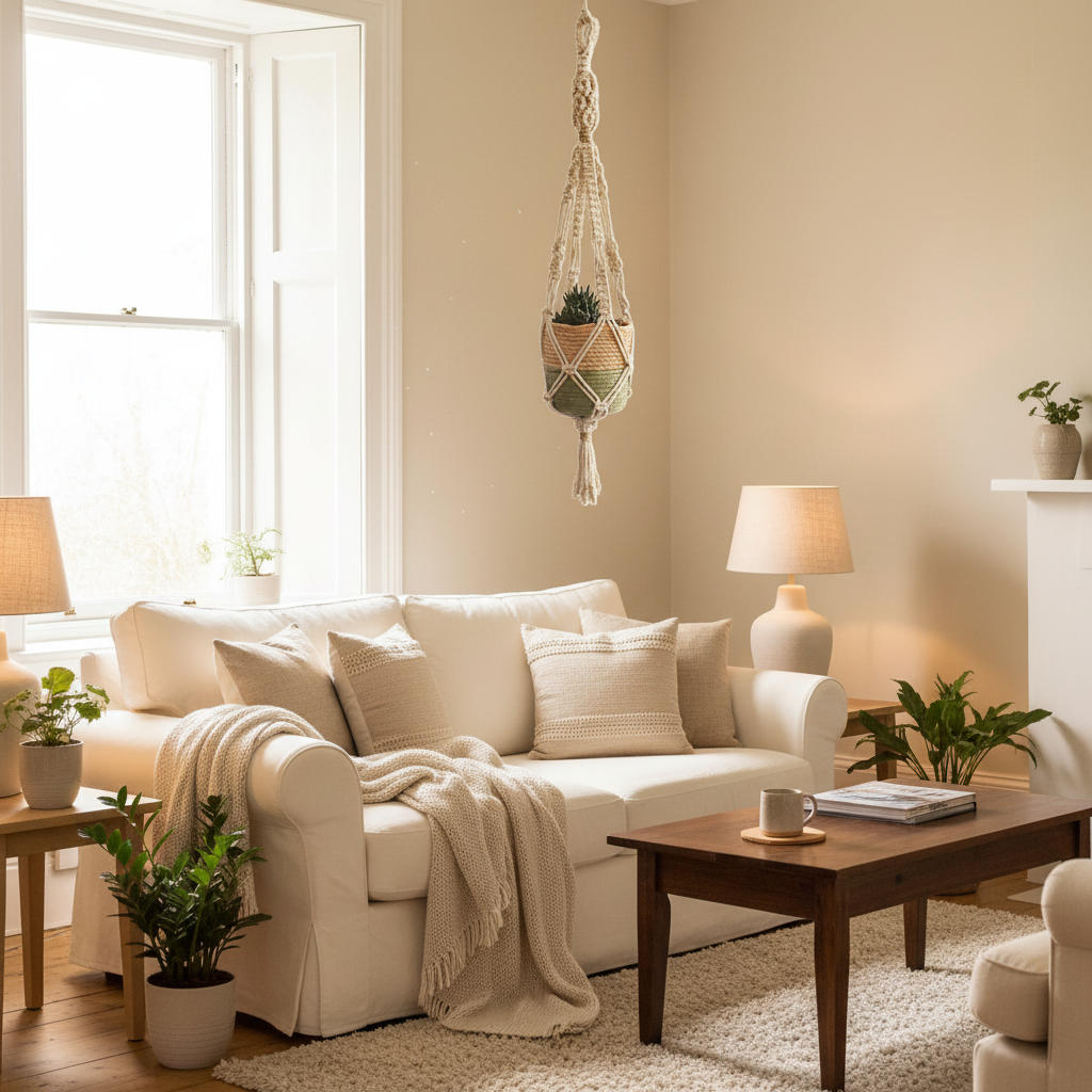 Cozy living room with a macrame planthanger, white sofa, coffee table, and decorative plants.