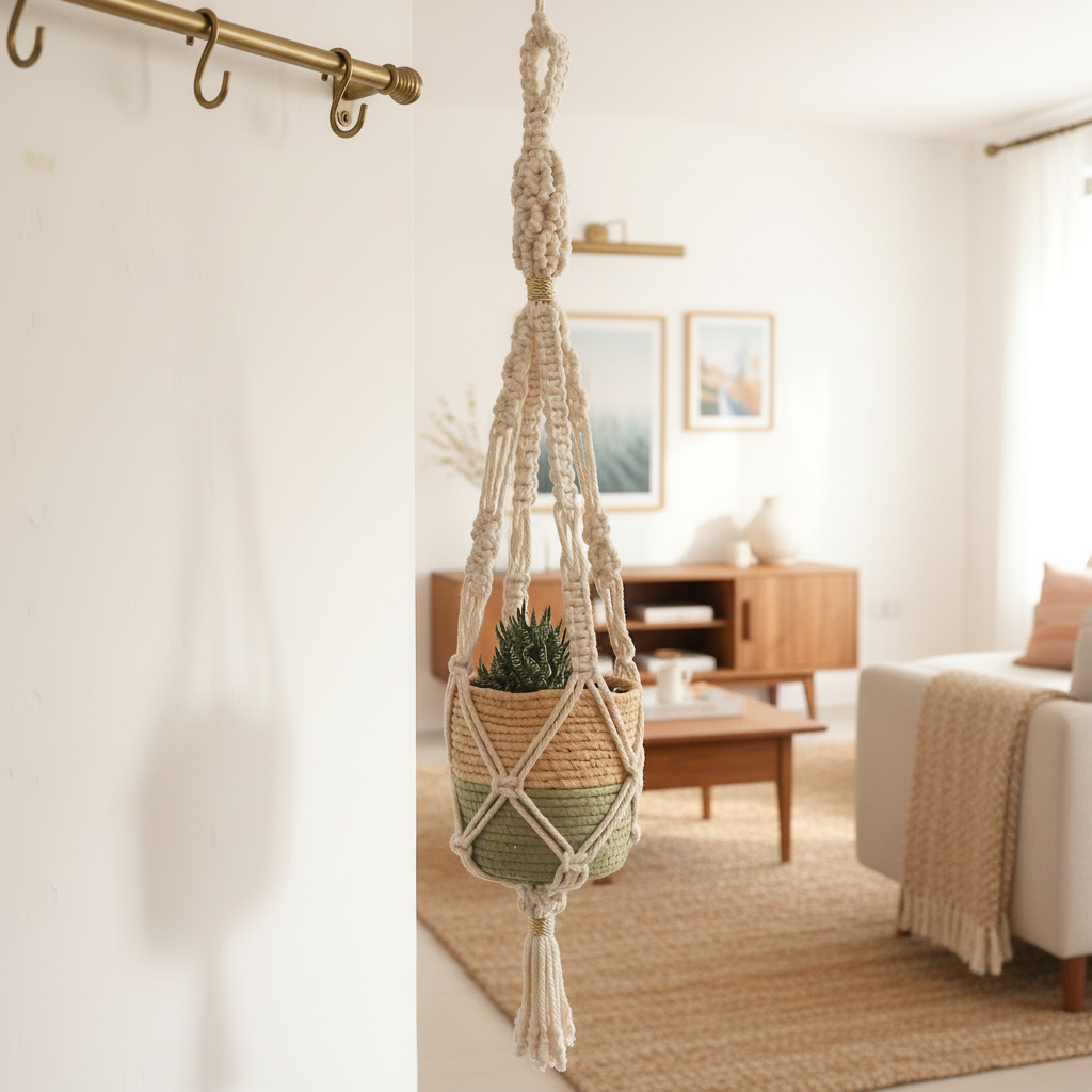 Macrame Planthanger in Cotton Cord with Diamond Motif with accent in Golden Cord