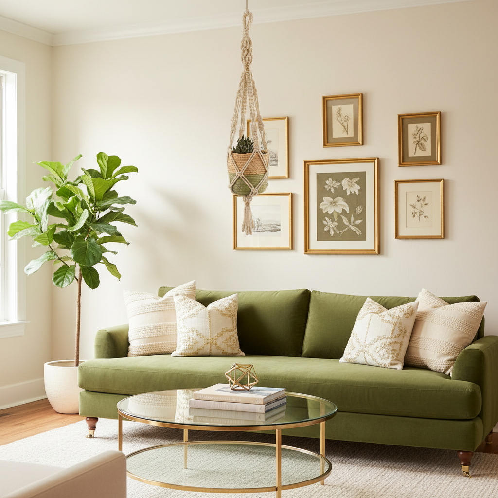 Macrame Planthanger in living room with a green sofa, decorative pillows, a glass coffee table, and wall art.