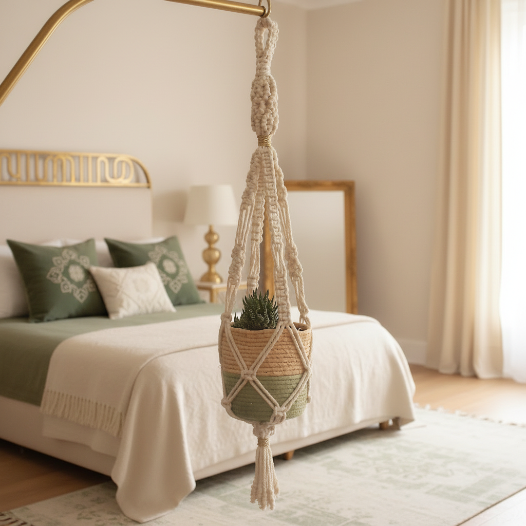 Macrame Planthanger in Cotton Cord with Diamond Motif with accent in Golden Cord