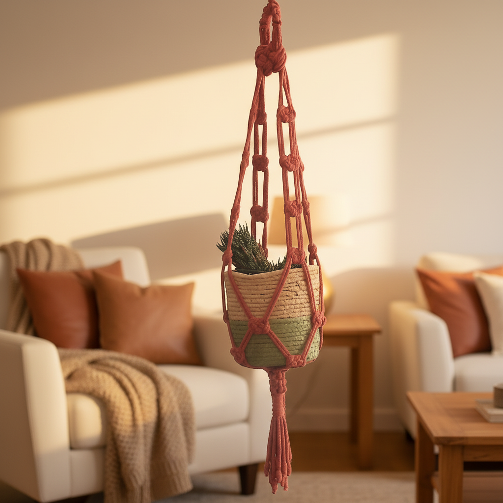 Macrame plant hanger in terracotta colour with a plant in a living room setting