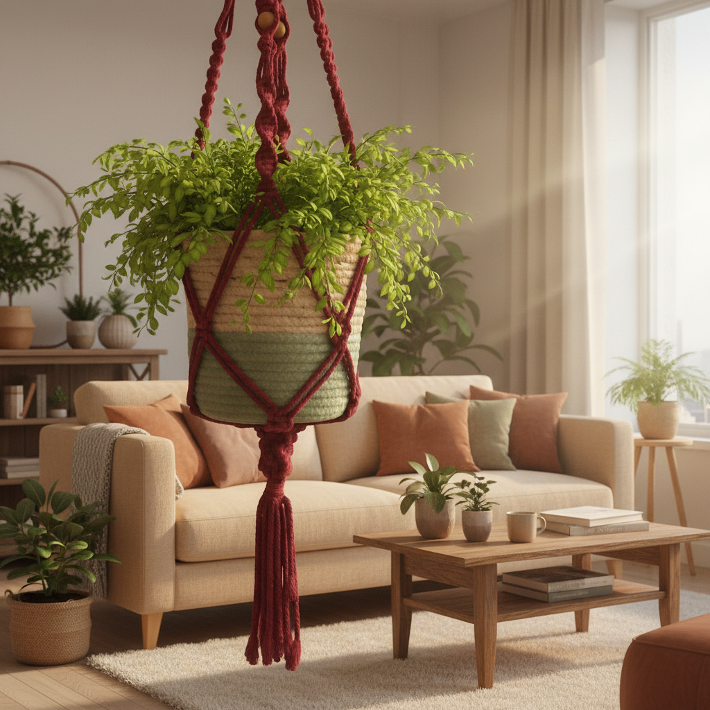 Macrame Planthanger in dark red with houseplant
