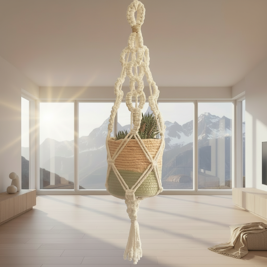 Macrame plant hanger with a plant inside, hanging in a room with large windows showing mountains.