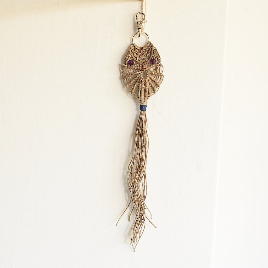 'Oonah' Macrame Owl in Hemp Cord with Up-Cycled Beads