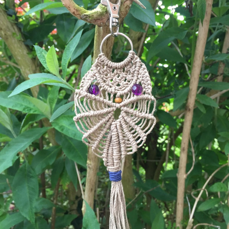 'Oonah' Macrame Owl in Hemp Cord with Up-Cycled Beads