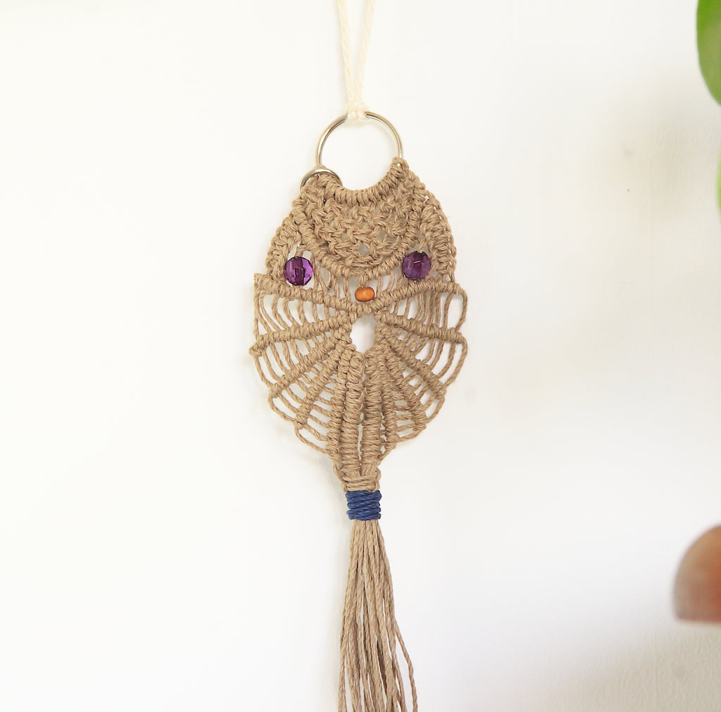 'Oonah' Macrame Owl in Hemp Cord with Up-Cycled Beads