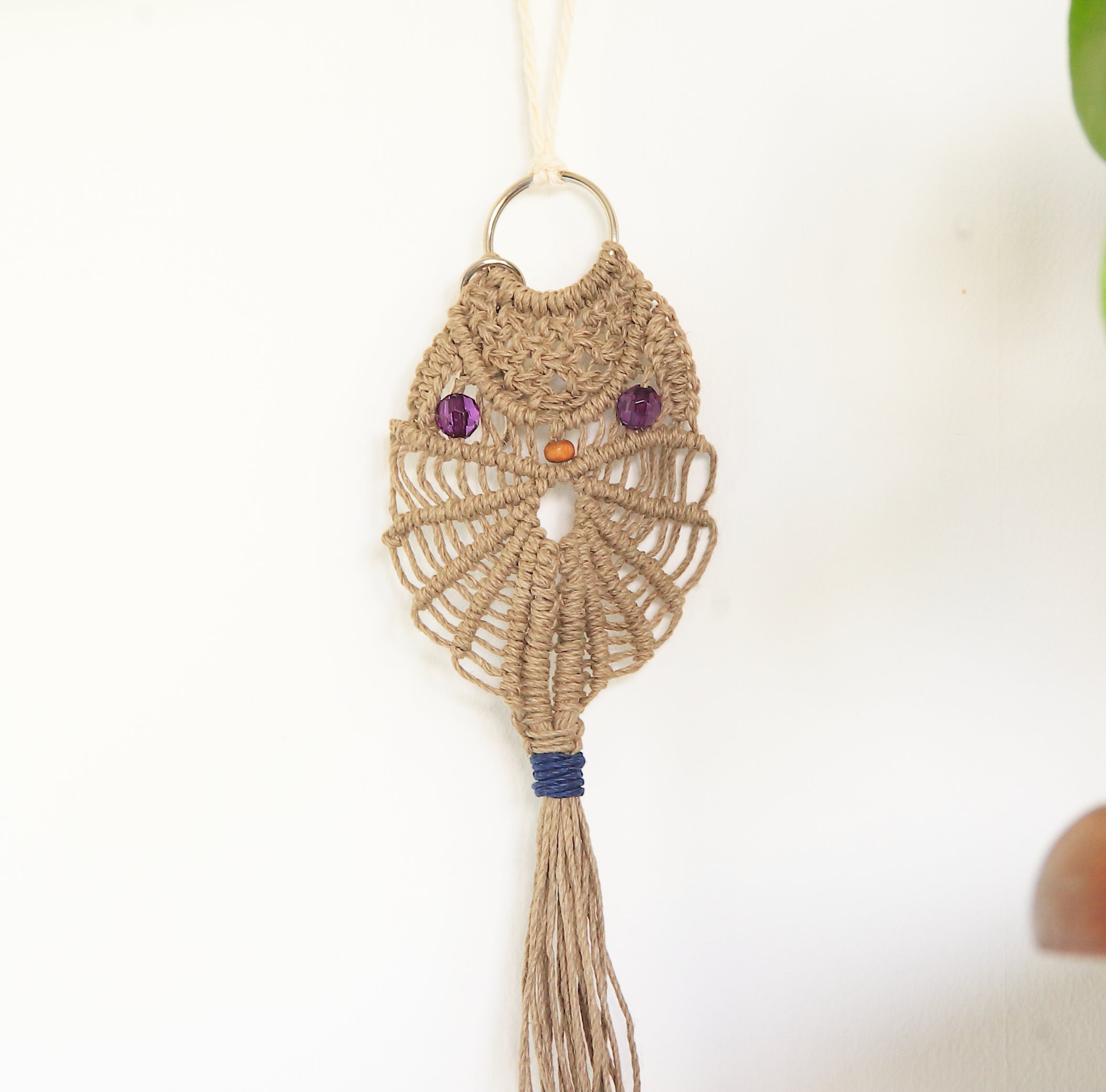 'Oonah' Macrame Owl in Hemp Cord with Up-Cycled Beads