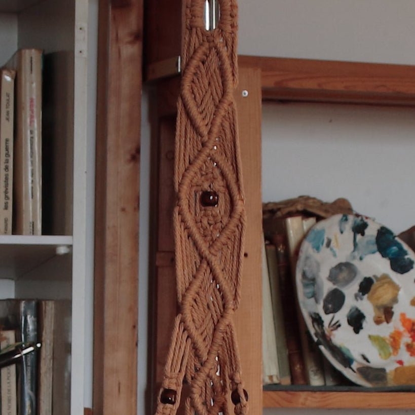 Bookshelf with books and decorative plates, featuring a macrame plant hanger.