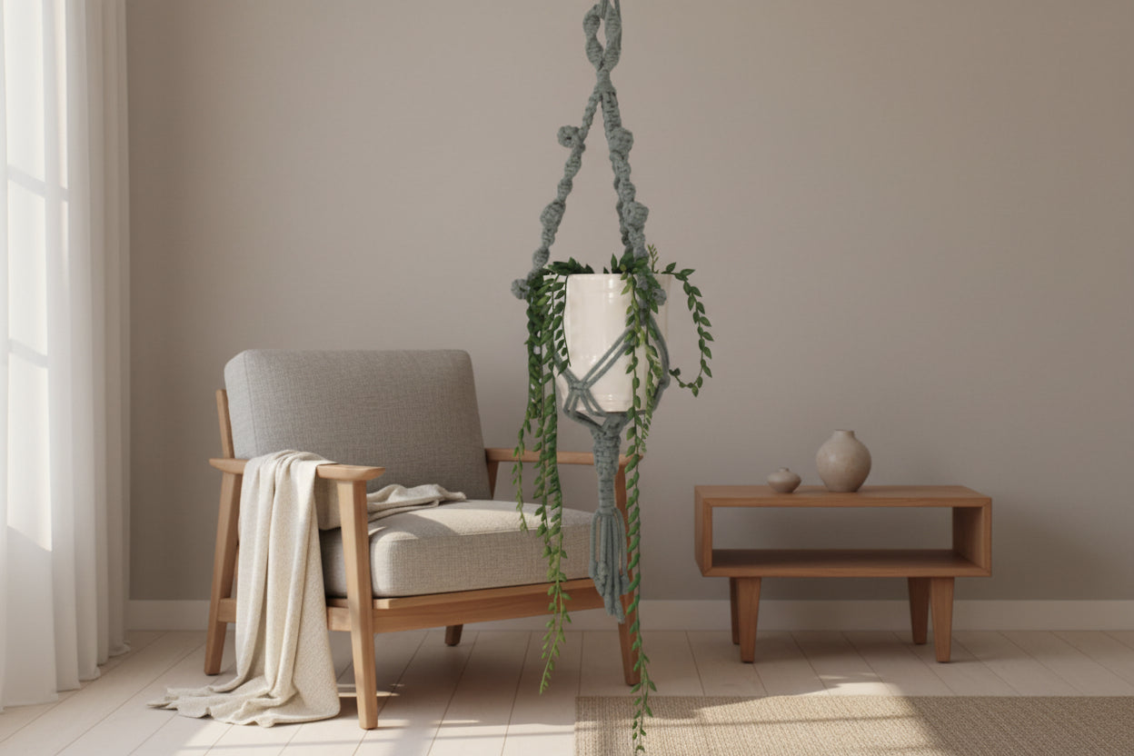 Hanging plant in a handcrafted macrame holder in blue-grey.