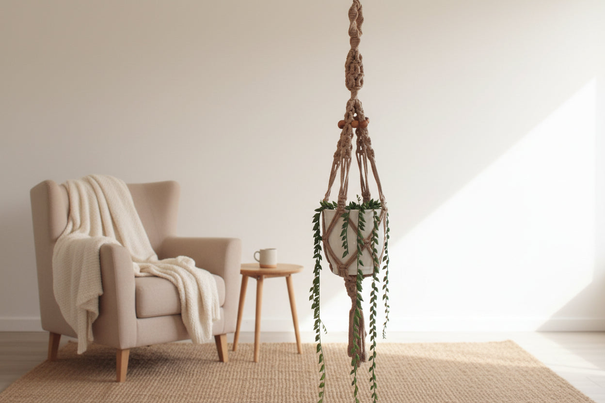Macrame Planthanger with wooden beads in beige