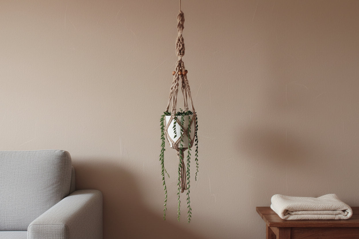 Handcrafted macrame plant hanger in light brown with a trailing plant 